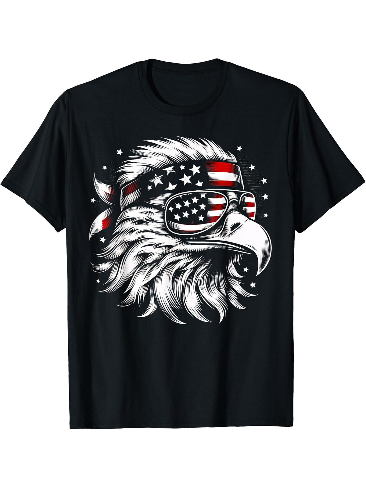 Bald Eagle Patriotic American Sunglasses Flag 4th Of July T-Shirt 180G 100% Cotton Printed Round Neck Short-Sleeve T-Shirt, Gifts for Men Dad Husband Grandpa, S-XXXL, Black