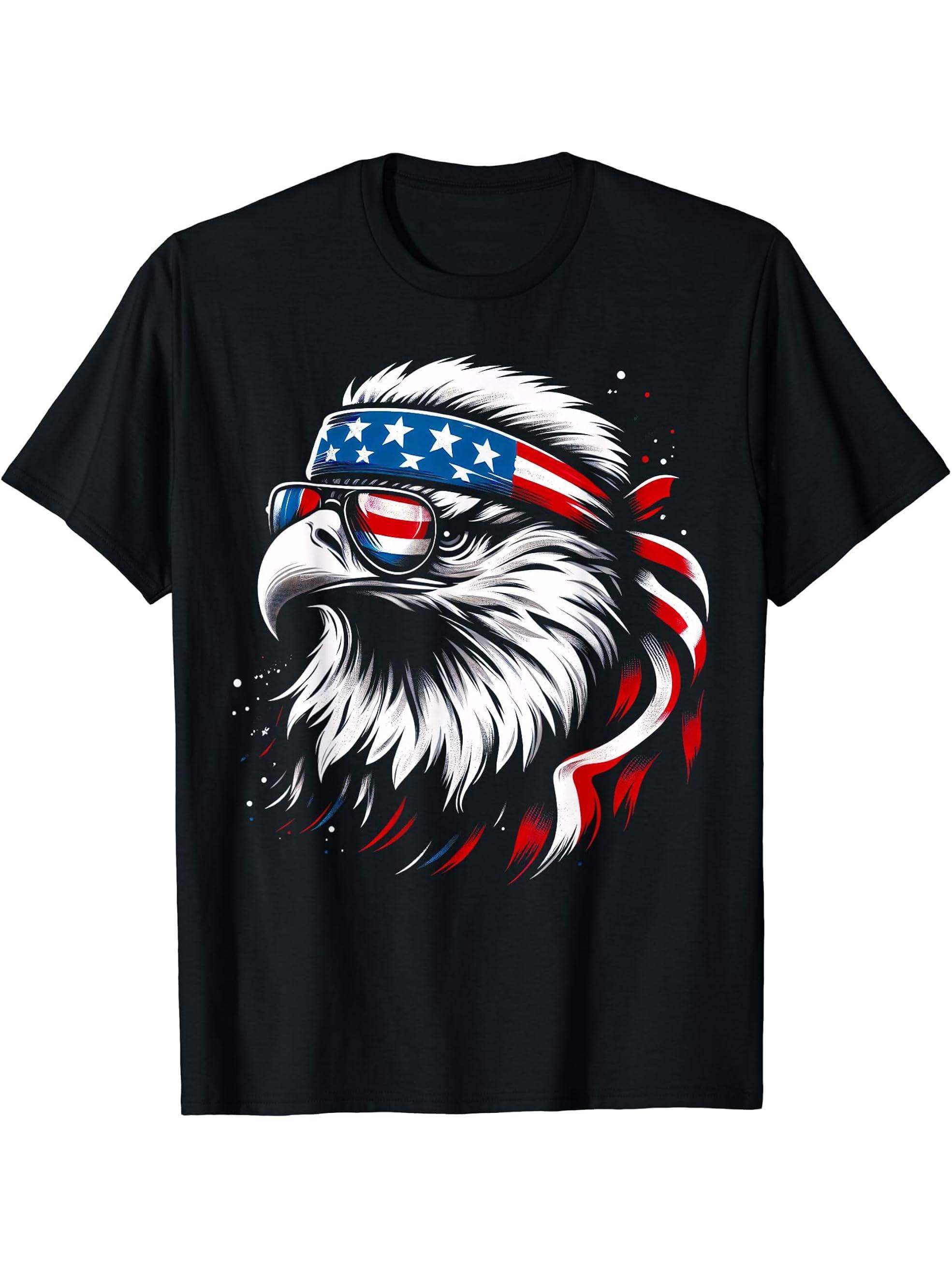 Bald Eagle Patriotic American Sunglasses Flag 4th Of July T-Shirt 180G 100% Cotton Printed Round Neck Short-Sleeve T-Shirt, Gifts for Men Dad Husband Grandpa, S-XXXL, Black