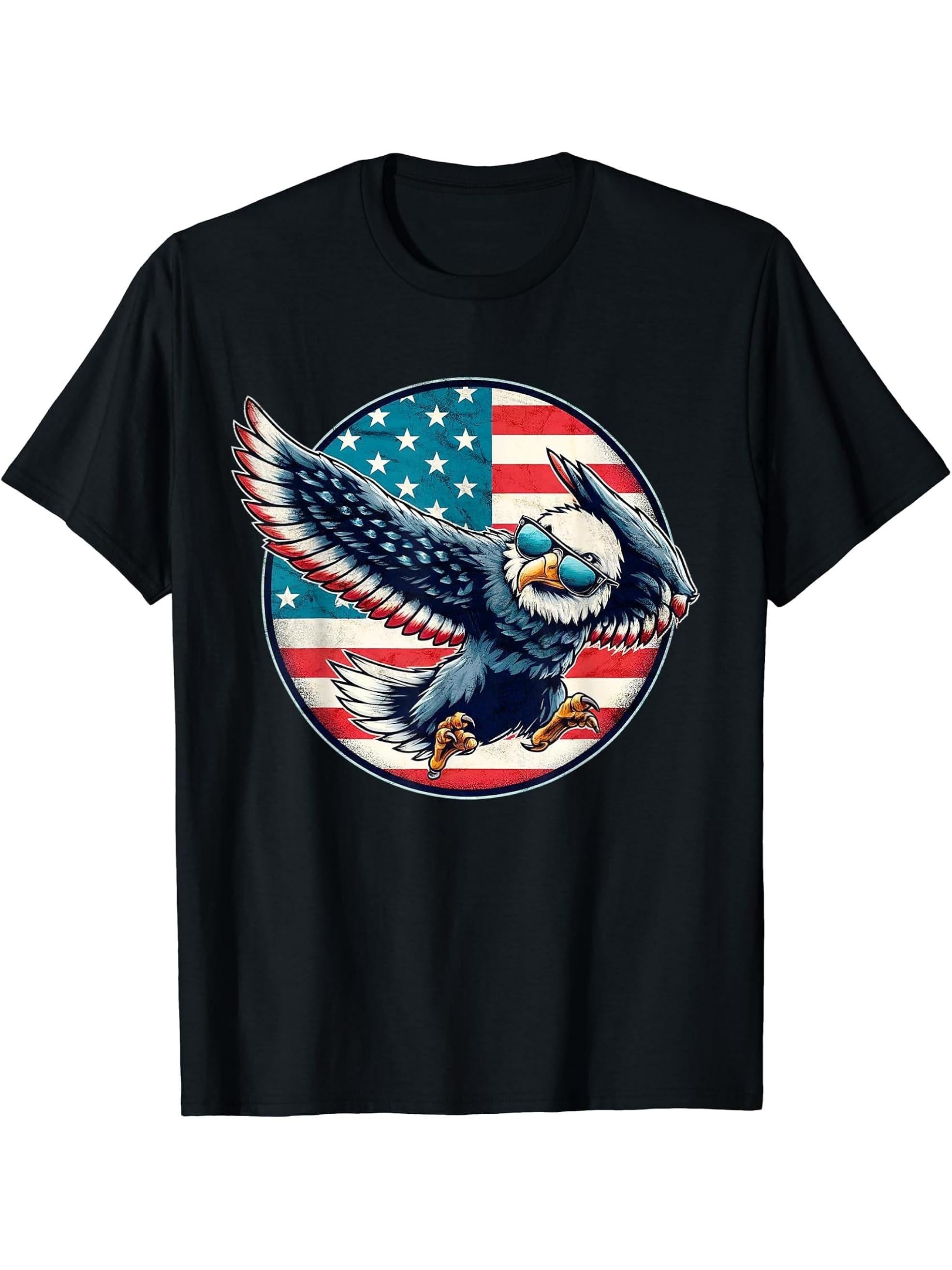 Dabbing American Bald Eagle 4th Of July Vintage USA Flag T-Shirt 180G 100% Cotton Printed Round Neck Short-Sleeve T-Shirt, Gifts for Men Dad Husband Grandpa, S-XXXL, Black