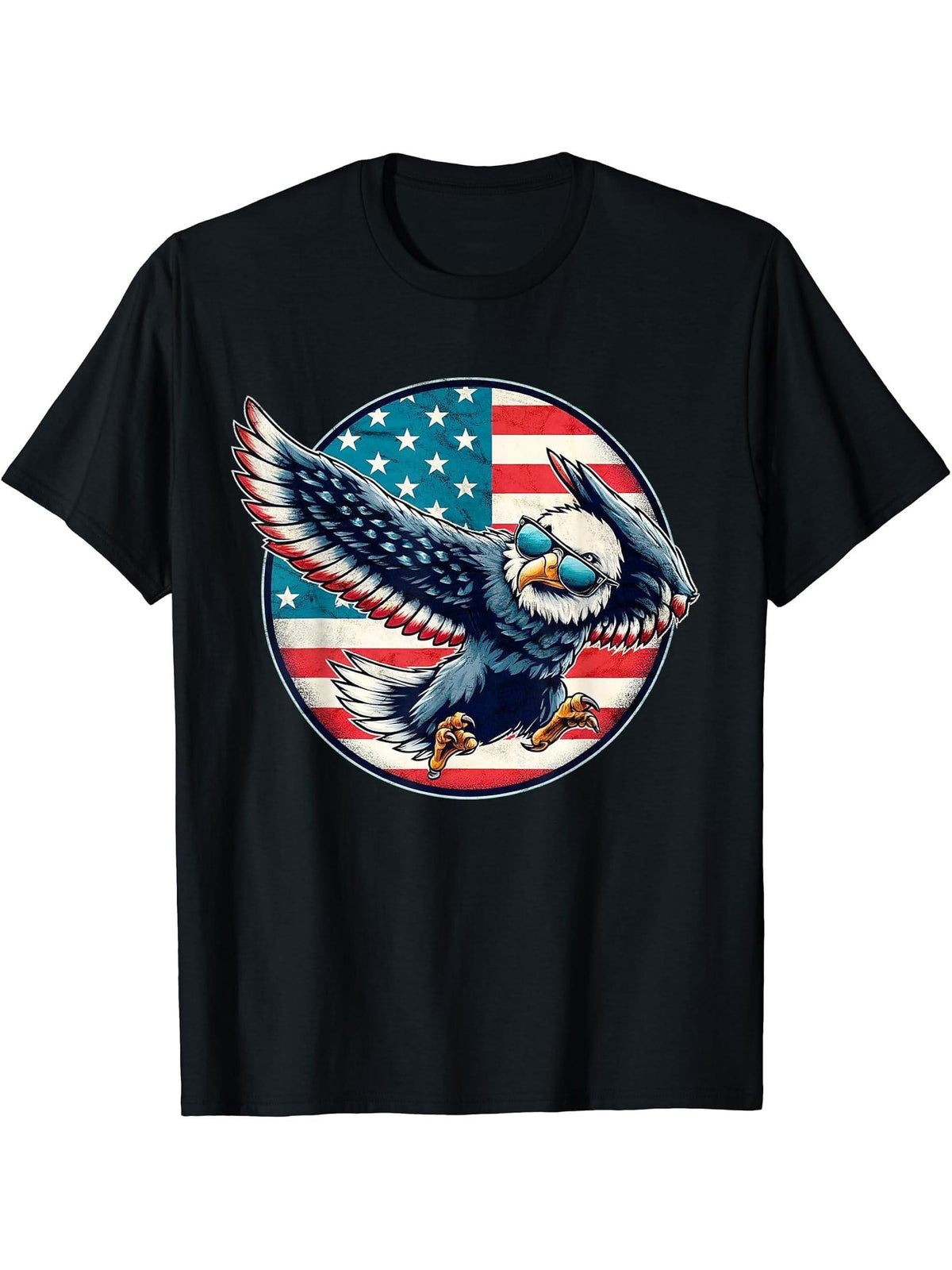 Dabbing American Bald Eagle 4th Of July Vintage USA Flag T-Shirt 180G 100% Cotton Printed Round Neck Short-Sleeve T-Shirt, Gifts for Men Dad Husband Grandpa, S-XXXL, Black