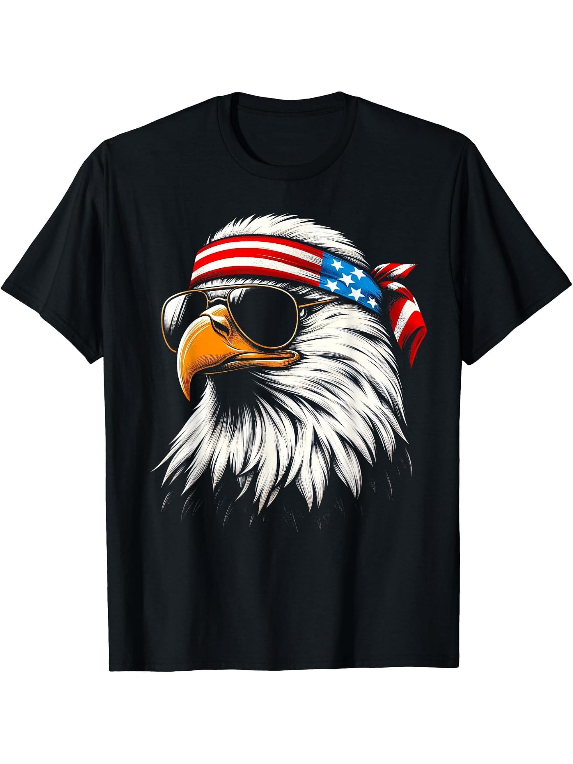 Bald Eagle Patriotic American Sunglasses Flag 4th Of July T-Shirt 180G 100% Cotton Printed Round Neck Short-Sleeve T-Shirt, Gifts for Men Dad Husband Grandpa, S-XXXL, Black