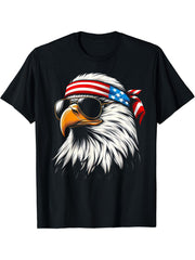 Bald Eagle Patriotic American Sunglasses Flag 4th Of July T-Shirt 180G 100% Cotton Printed Round Neck Short-Sleeve T-Shirt, Gifts for Men Dad Husband Grandpa, S-XXXL, Black