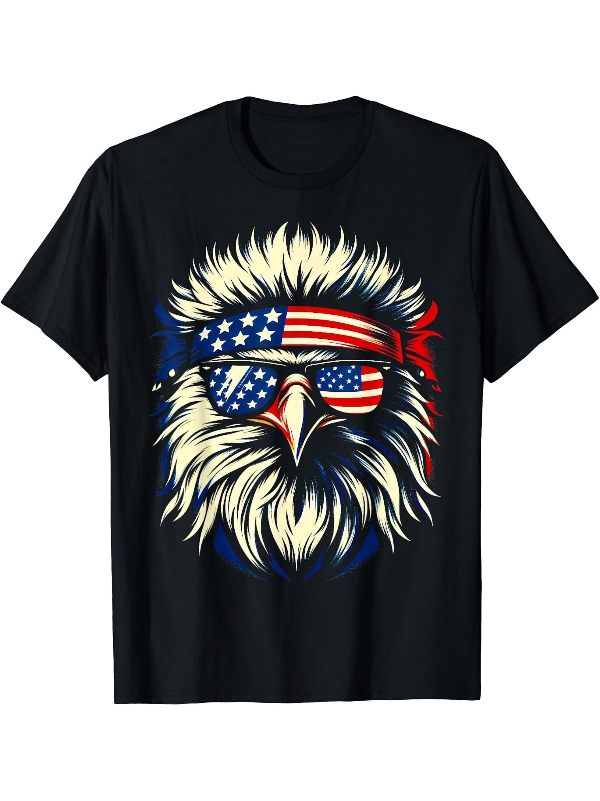 Bald Eagle Patriotic American Sunglasses Flag 4th Of July T-Shirt 180G 100% Cotton Printed Round Neck Short-Sleeve T-Shirt, Gifts for Men Dad Husband Grandpa, S-XXXL, Black