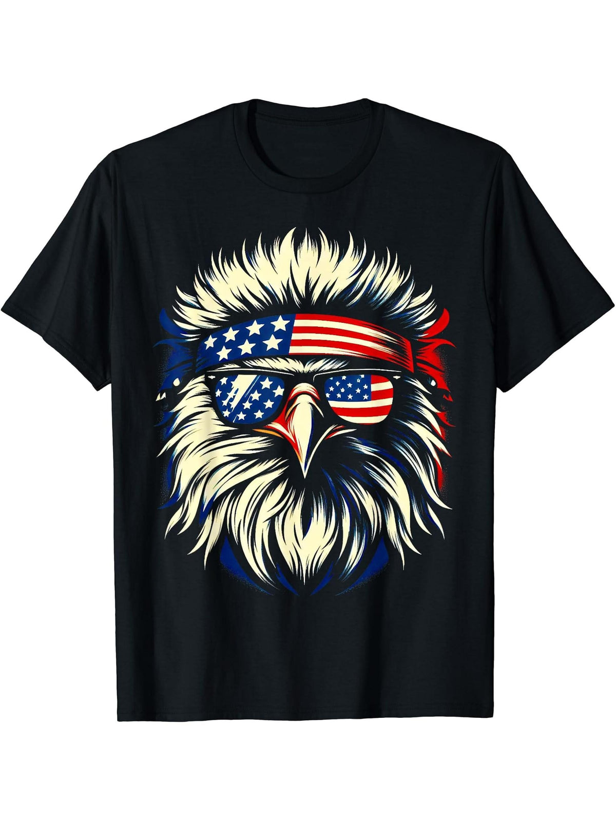 Bald Eagle Patriotic American Sunglasses Flag 4th Of July T-Shirt 180G 100% Cotton Printed Round Neck Short-Sleeve T-Shirt, Gifts for Men Dad Husband Grandpa, S-XXXL, Black