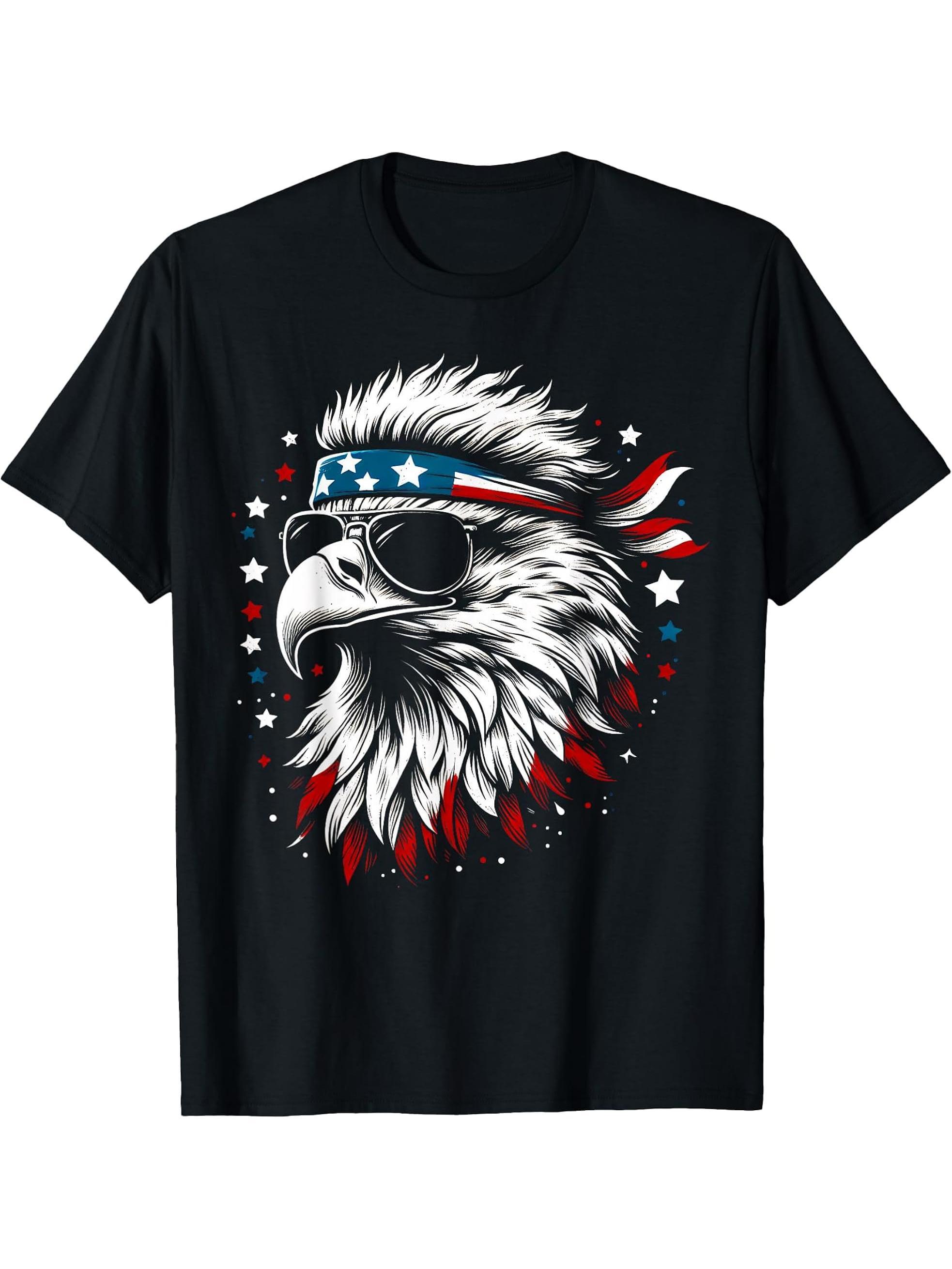 Bald Eagle Patriotic American Sunglasses Flag 4th Of July T-Shirt 180G 100% Cotton Printed Round Neck Short-Sleeve T-Shirt, Gifts for Men Dad Husband Grandpa, S-XXXL, Black