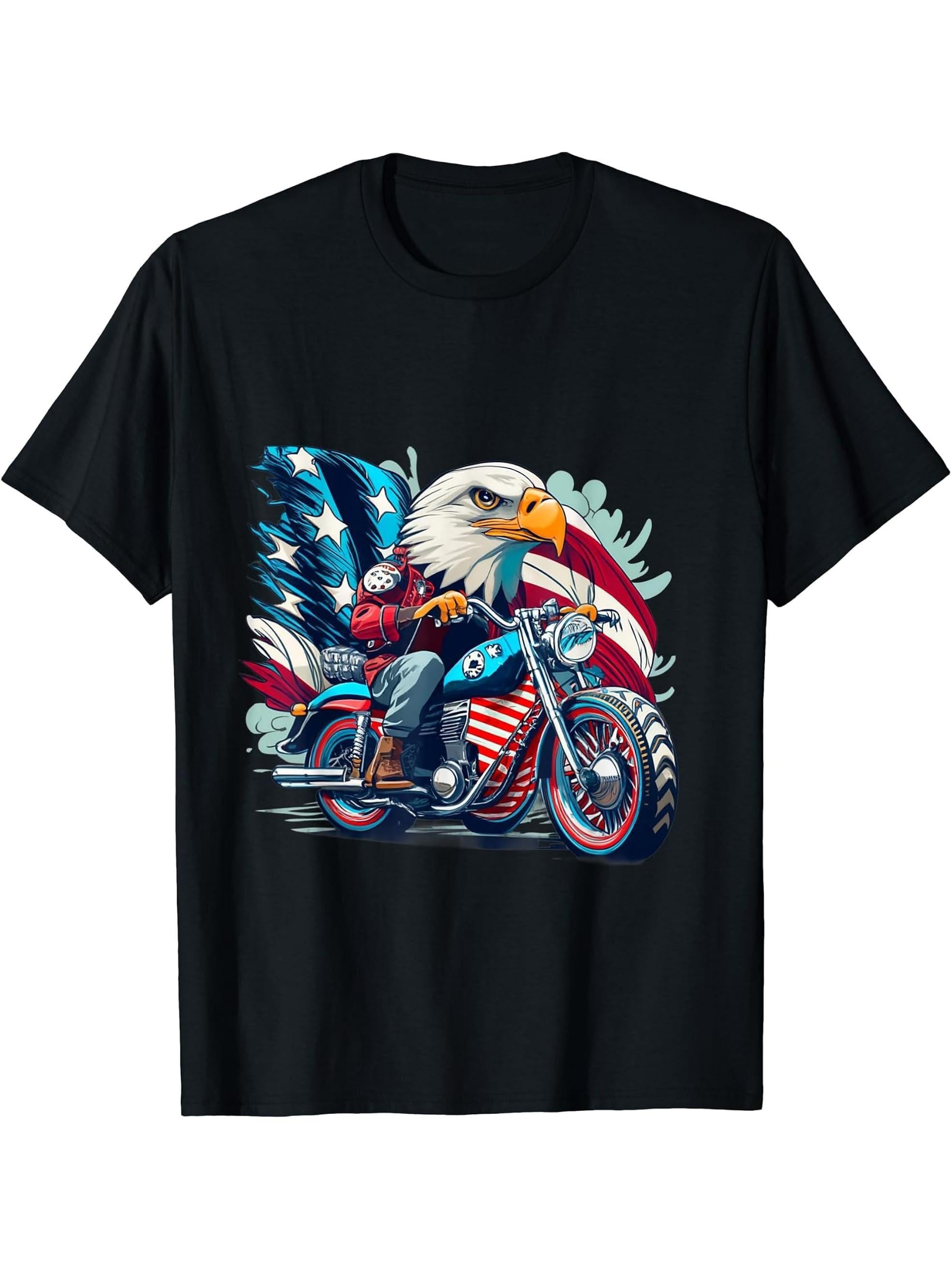Cool America Bald Eagle as Biker Riding Motorcycle Funny T-Shirt 180G 100% Cotton Printed Round Neck Short-Sleeve T-Shirt, Gifts for Men Dad Husband Grandpa, S-XXXL, Black