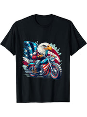 Cool America Bald Eagle as Biker Riding Motorcycle Funny T-Shirt 180G 100% Cotton Printed Round Neck Short-Sleeve T-Shirt, Gifts for Men Dad Husband Grandpa, S-XXXL, Black