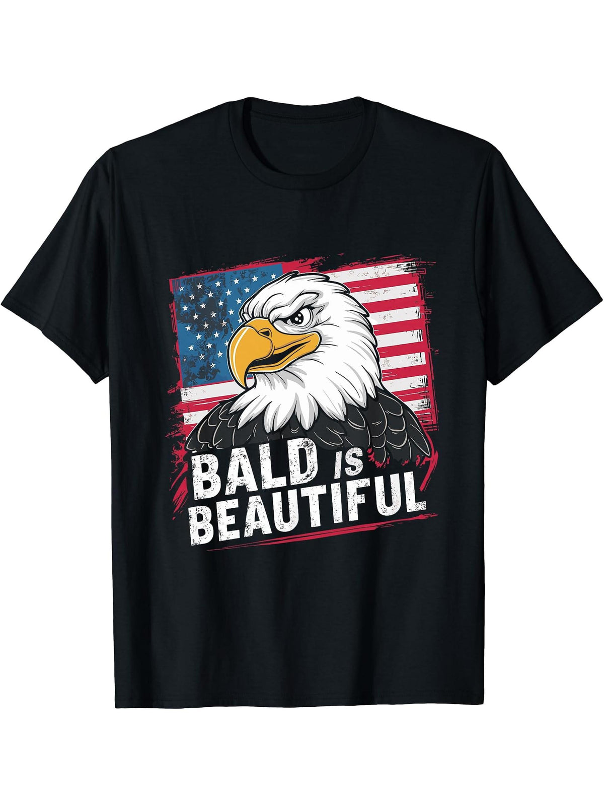 Bald Is Beautiful 4th of July Bald Eagle Independence Day T-Shirt 180G 100% Cotton Printed Round Neck Short-Sleeve T-Shirt, Gifts for Men Dad Husband Grandpa, S-XXXL, Black