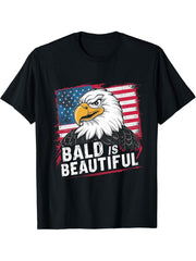 Bald Is Beautiful 4th of July Bald Eagle Independence Day T-Shirt 180G 100% Cotton Printed Round Neck Short-Sleeve T-Shirt, Gifts for Men Dad Husband Grandpa, S-XXXL, Black
