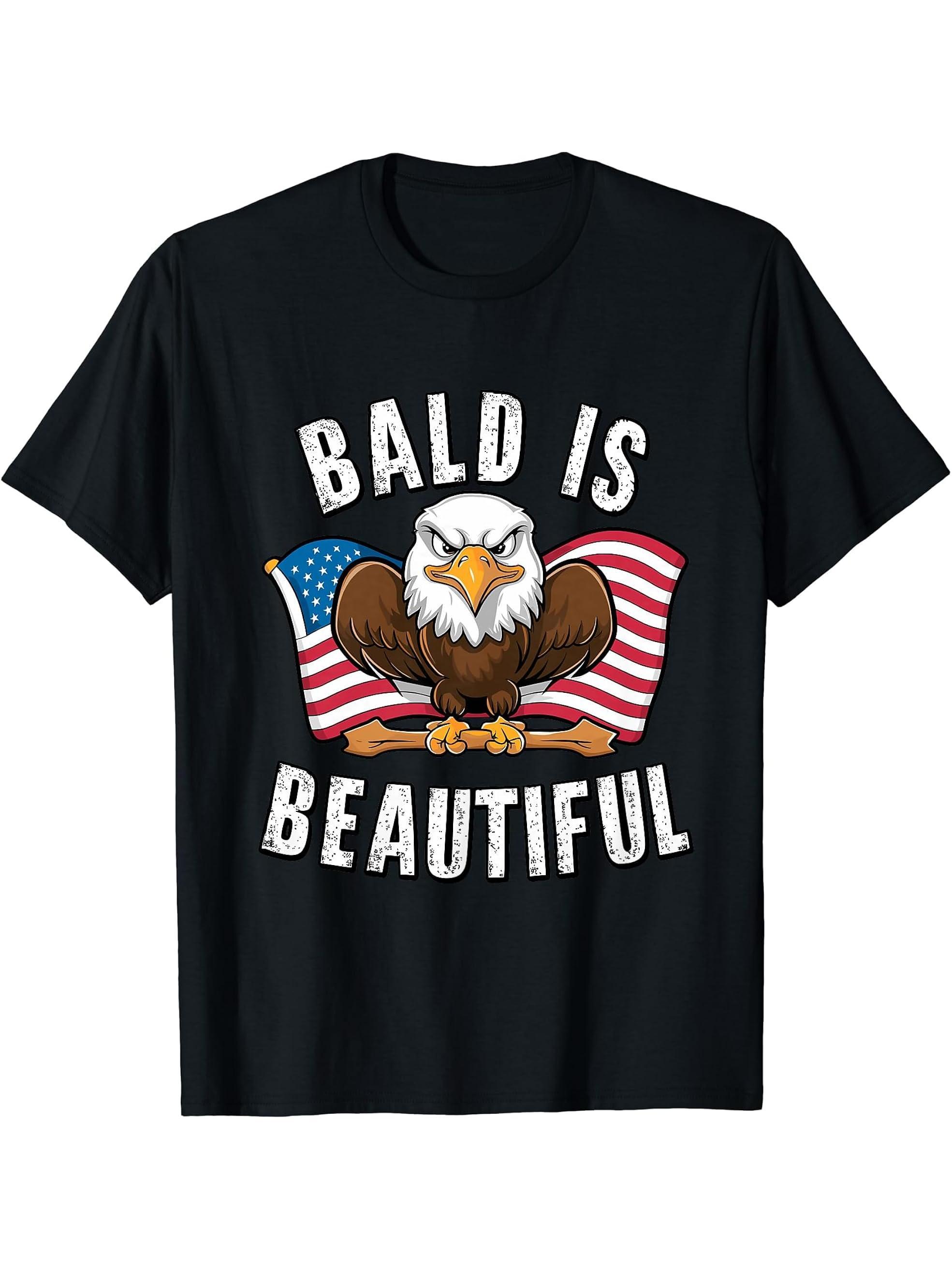 Bald Is Beautiful 4th of July Bald Eagle Independence Day T-Shirt 180G 100% Cotton Printed Round Neck Short-Sleeve T-Shirt, Gifts for Men Dad Husband Grandpa, S-XXXL, Black