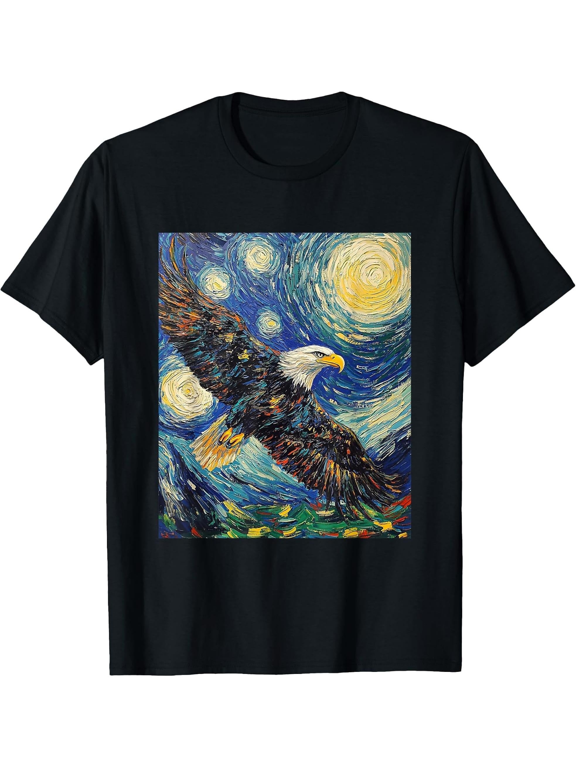 Bald Eagle Bird - Van Gogh Style - Starry Night T-Shirt 180G 100% Cotton Printed Round Neck Short-Sleeve T-Shirt, Gifts for Men Dad Husband Grandpa, S-XXXL, Black