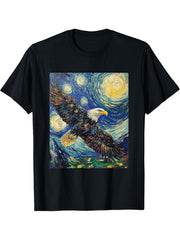 Bald Eagle Bird - Van Gogh Style - Starry Night T-Shirt 180G 100% Cotton Printed Round Neck Short-Sleeve T-Shirt, Gifts for Men Dad Husband Grandpa, S-XXXL, Black