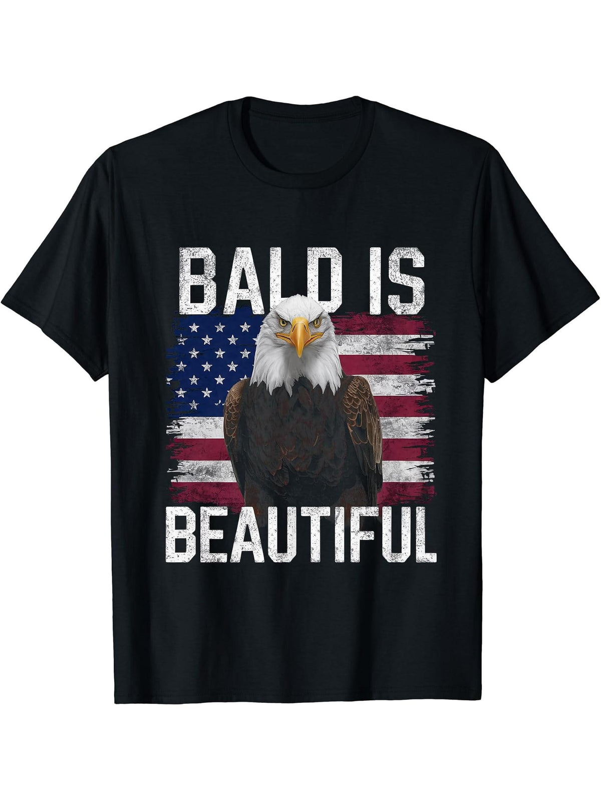 Bald Is Beautiful 4th of July Bald Eagle Independence Day T-Shirt 180G 100% Cotton Printed Round Neck Short-Sleeve T-Shirt, Gifts for Men Dad Husband Grandpa, S-XXXL, Black