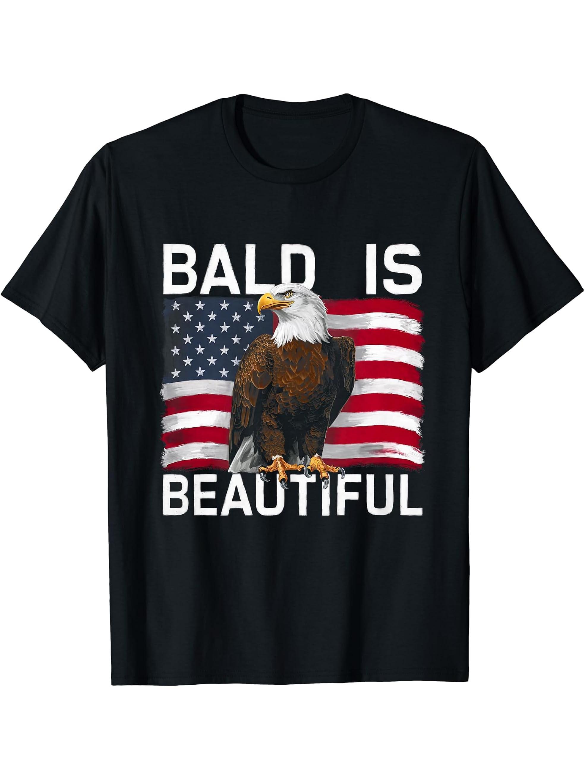 Bald Is Beautiful 4th of July Bald Eagle Independence Day T-Shirt 180G 100% Cotton Printed Round Neck Short-Sleeve T-Shirt, Gifts for Men Dad Husband Grandpa, S-XXXL, Black