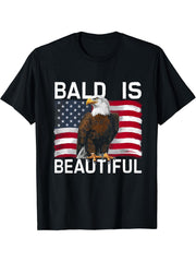 Bald Is Beautiful 4th of July Bald Eagle Independence Day T-Shirt 180G 100% Cotton Printed Round Neck Short-Sleeve T-Shirt, Gifts for Men Dad Husband Grandpa, S-XXXL, Black