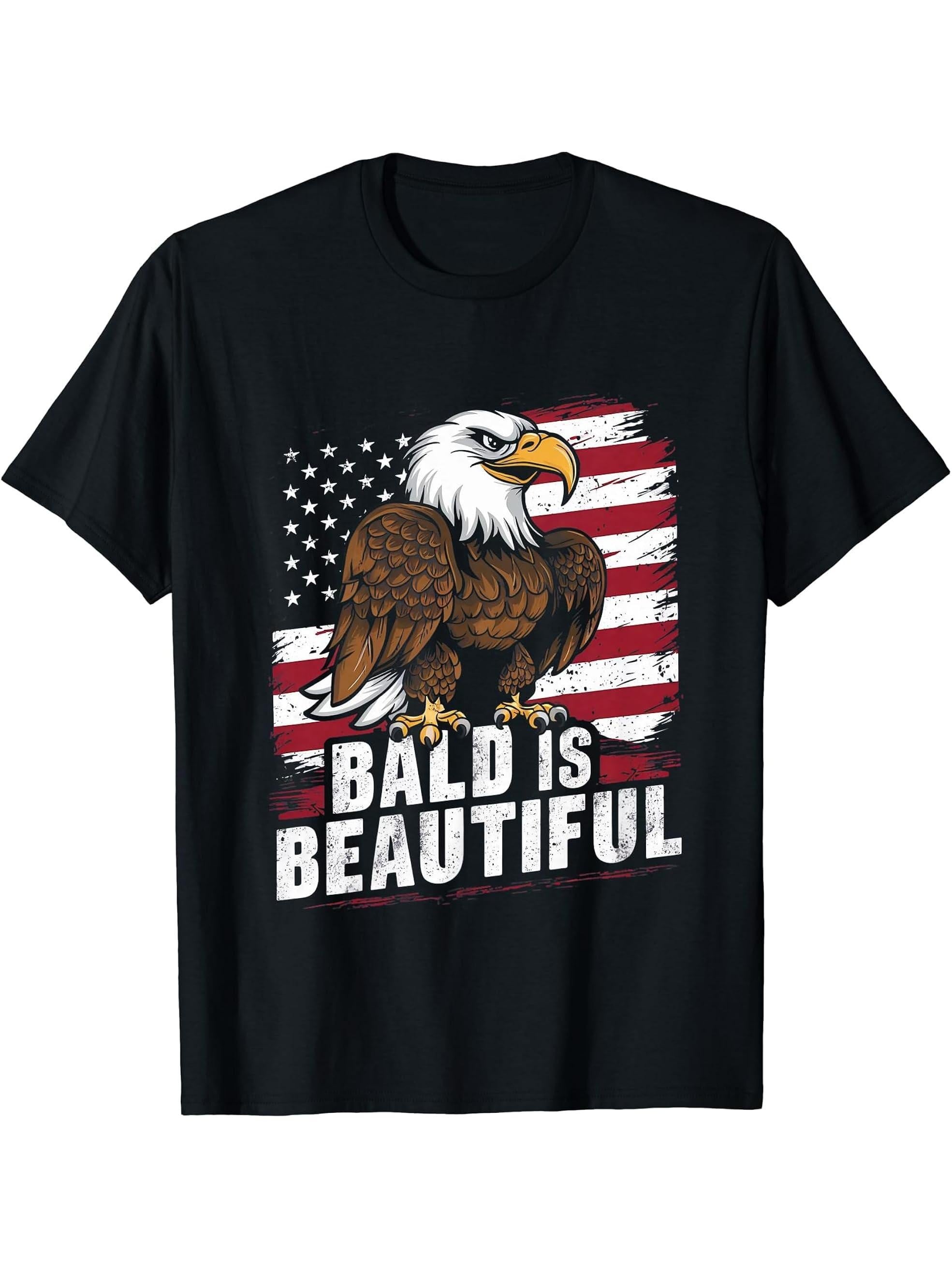 Bald Is Beautiful 4th of July Bald Eagle Independence Day T-Shirt 180G 100% Cotton Printed Round Neck Short-Sleeve T-Shirt, Gifts for Men Dad Husband Grandpa, S-XXXL, Black