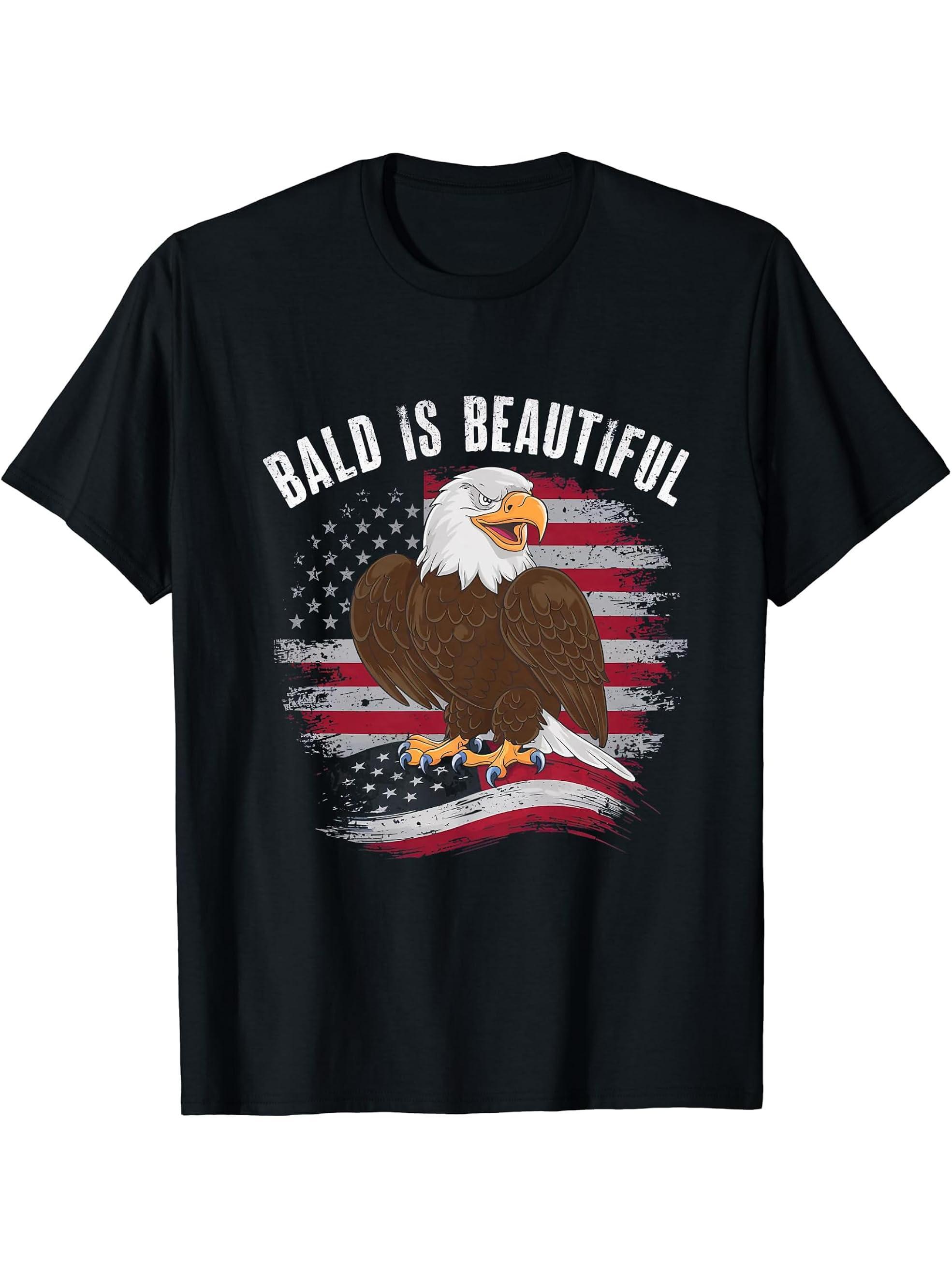 Bald Is Beautiful 4th of July Bald Eagle Independence Day T-Shirt 180G 100% Cotton Printed Round Neck Short-Sleeve T-Shirt, Gifts for Men Dad Husband Grandpa, S-XXXL, Black