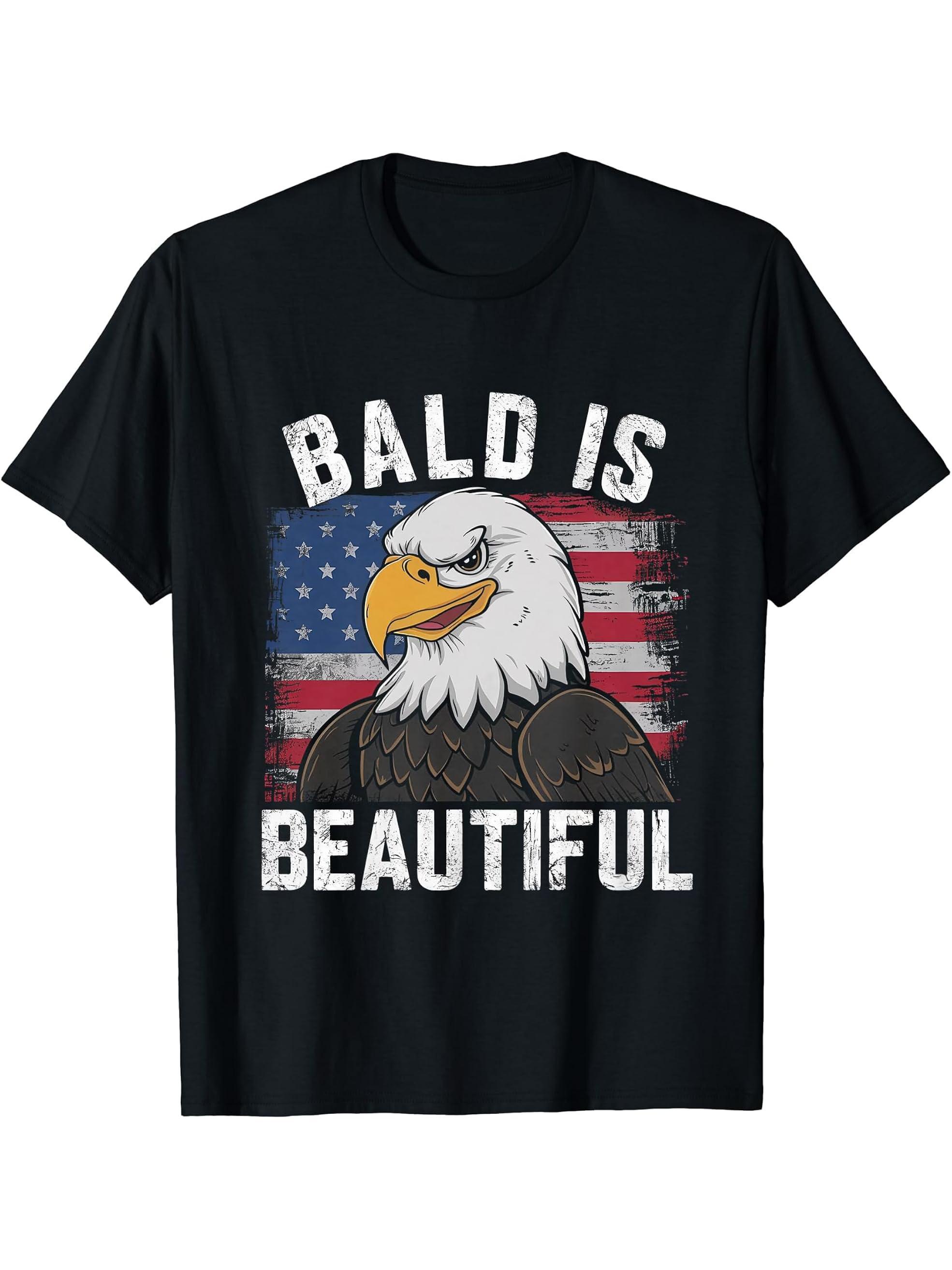 Bald Is Beautiful 4th of July Bald Eagle Independence Day T-Shirt 180G 100% Cotton Printed Round Neck Short-Sleeve T-Shirt, Gifts for Men Dad Husband Grandpa, S-XXXL, Black
