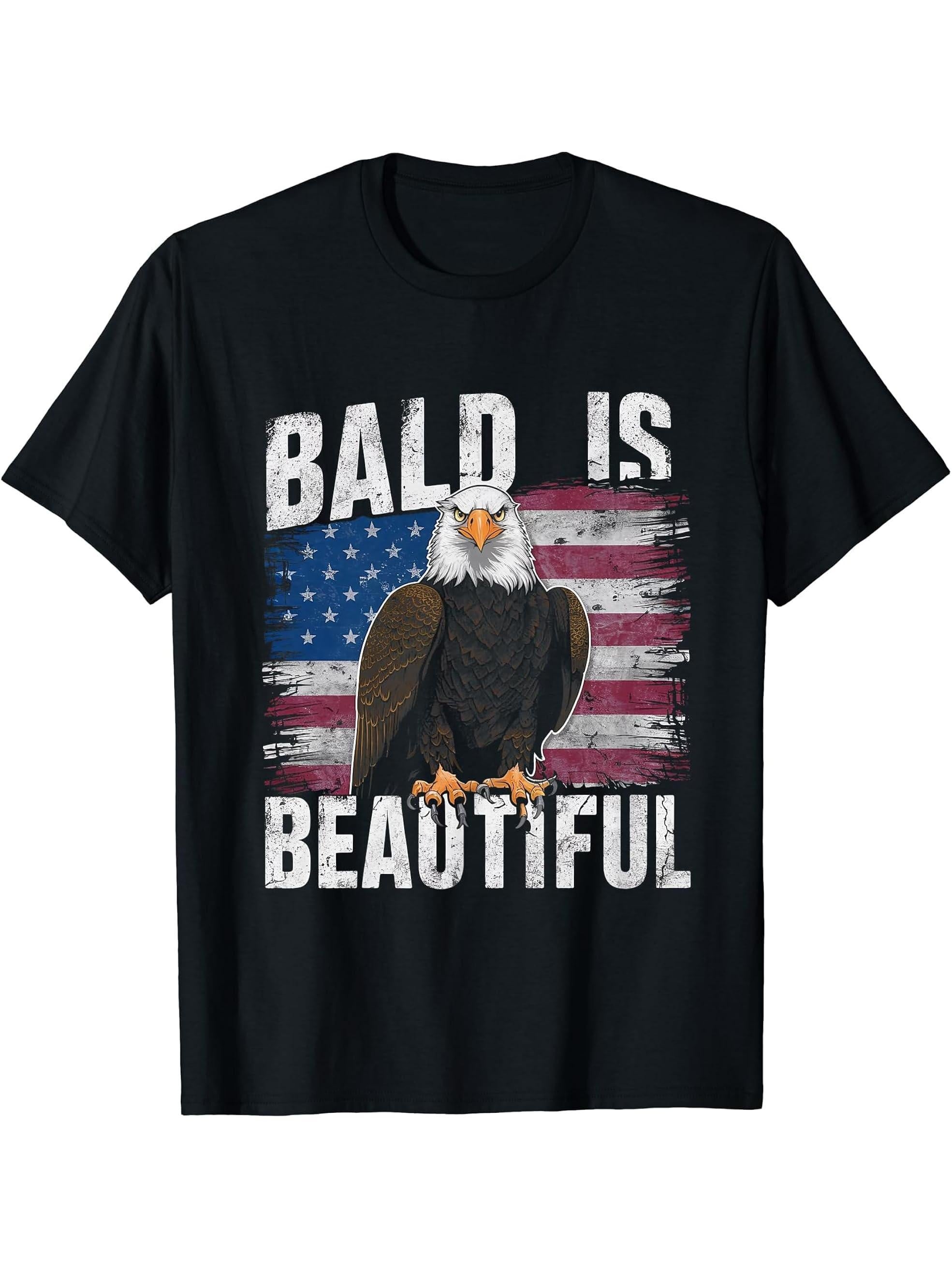 Bald Is Beautiful 4th of July Bald Eagle Independence Day T-Shirt 180G 100% Cotton Printed Round Neck Short-Sleeve T-Shirt, Gifts for Men Dad Husband Grandpa, S-XXXL, Black