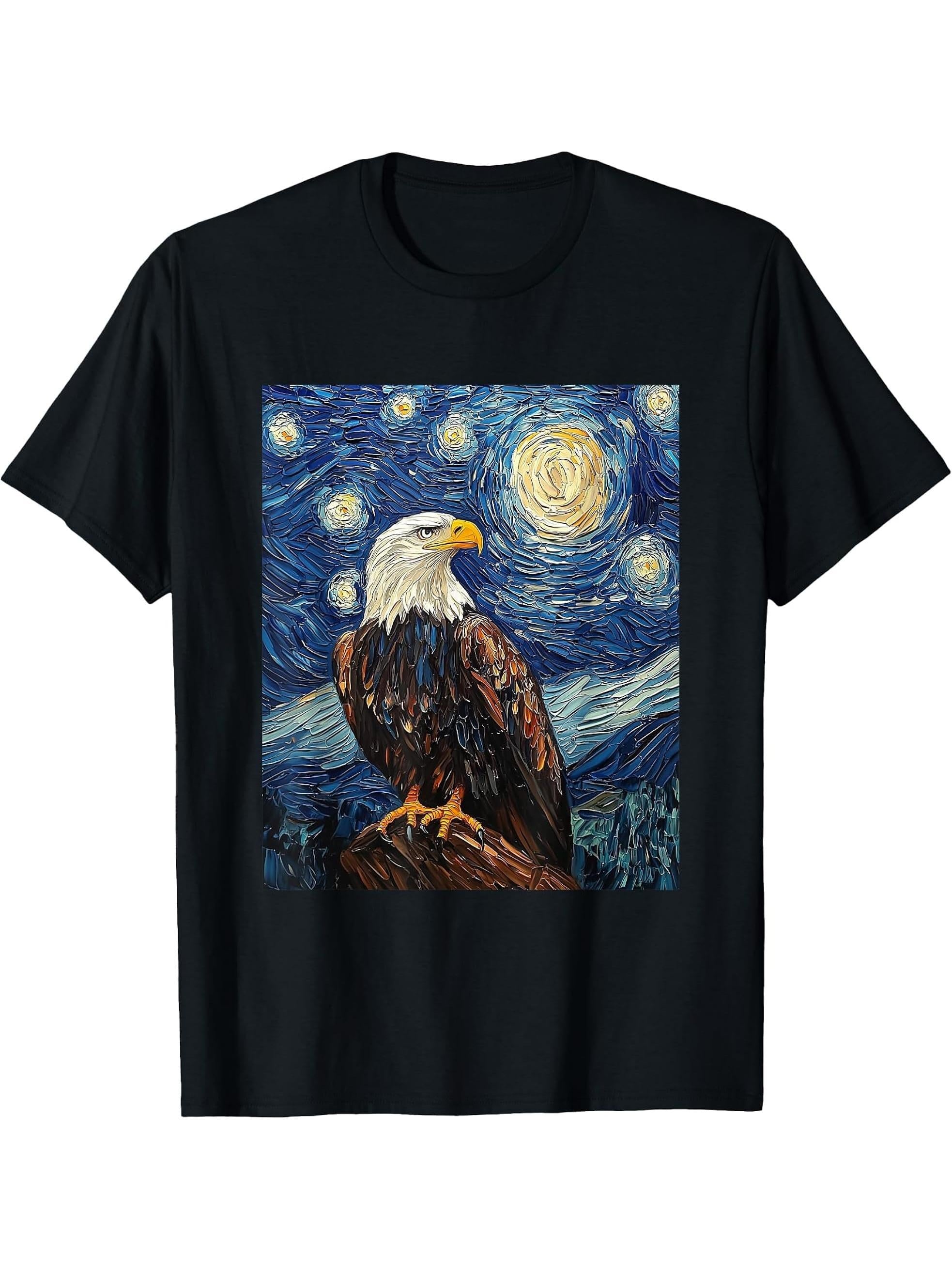 Bald Eagle Bird - Van Gogh Style - Starry Night T-Shirt 180G 100% Cotton Printed Round Neck Short-Sleeve T-Shirt, Gifts for Men Dad Husband Grandpa, S-XXXL, Black