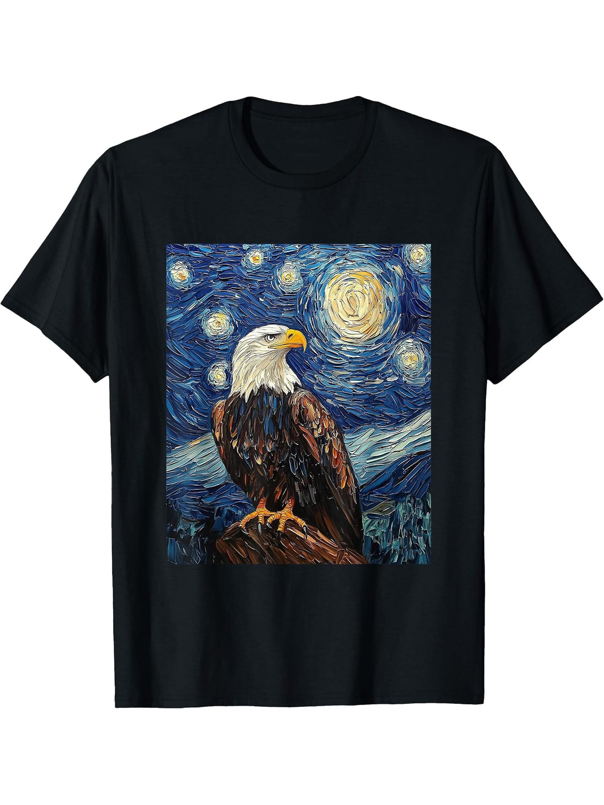 Bald Eagle Bird - Van Gogh Style - Starry Night T-Shirt 180G 100% Cotton Printed Round Neck Short-Sleeve T-Shirt, Gifts for Men Dad Husband Grandpa, S-XXXL, Black