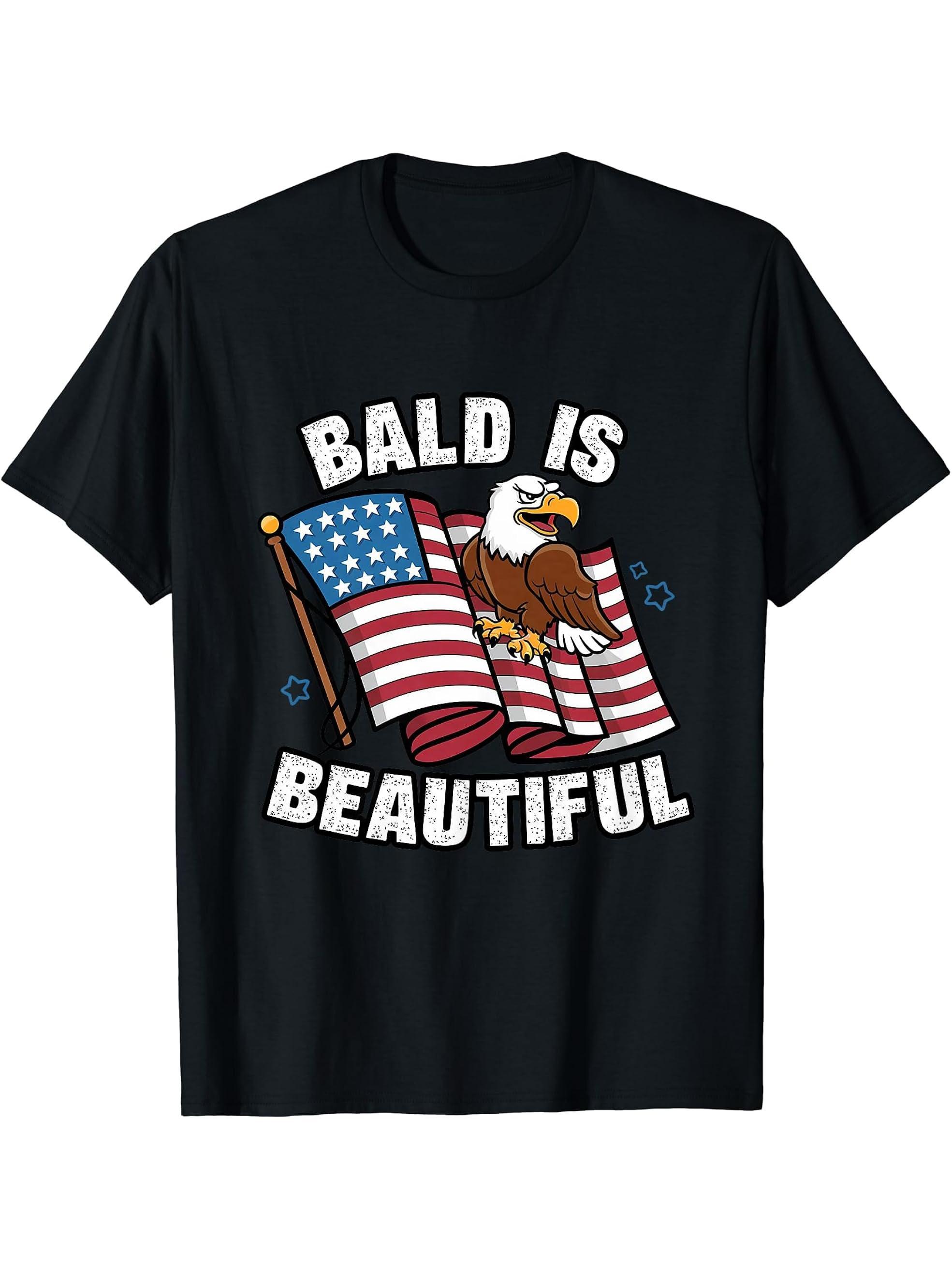 Bald Is Beautiful 4th of July Bald Eagle Independence Day T-Shirt 180G 100% Cotton Printed Round Neck Short-Sleeve T-Shirt, Gifts for Men Dad Husband Grandpa, S-XXXL, Black