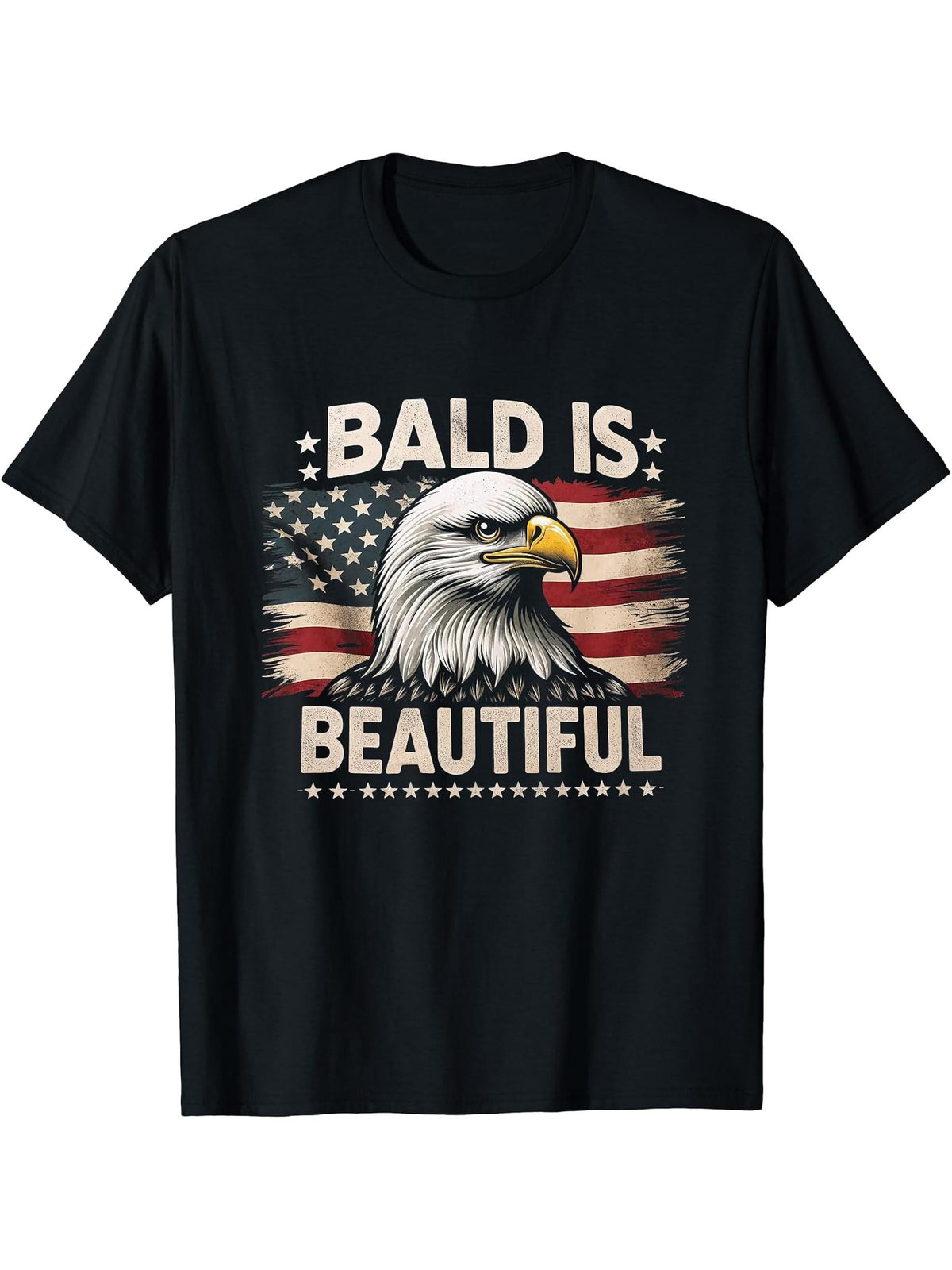 Bald Is Beautiful 4th of July Bald Eagle Independence Day T-Shirt 180G 100% Cotton Printed Round Neck Short-Sleeve T-Shirt, Gifts for Men Dad Husband Grandpa, S-XXXL, Black