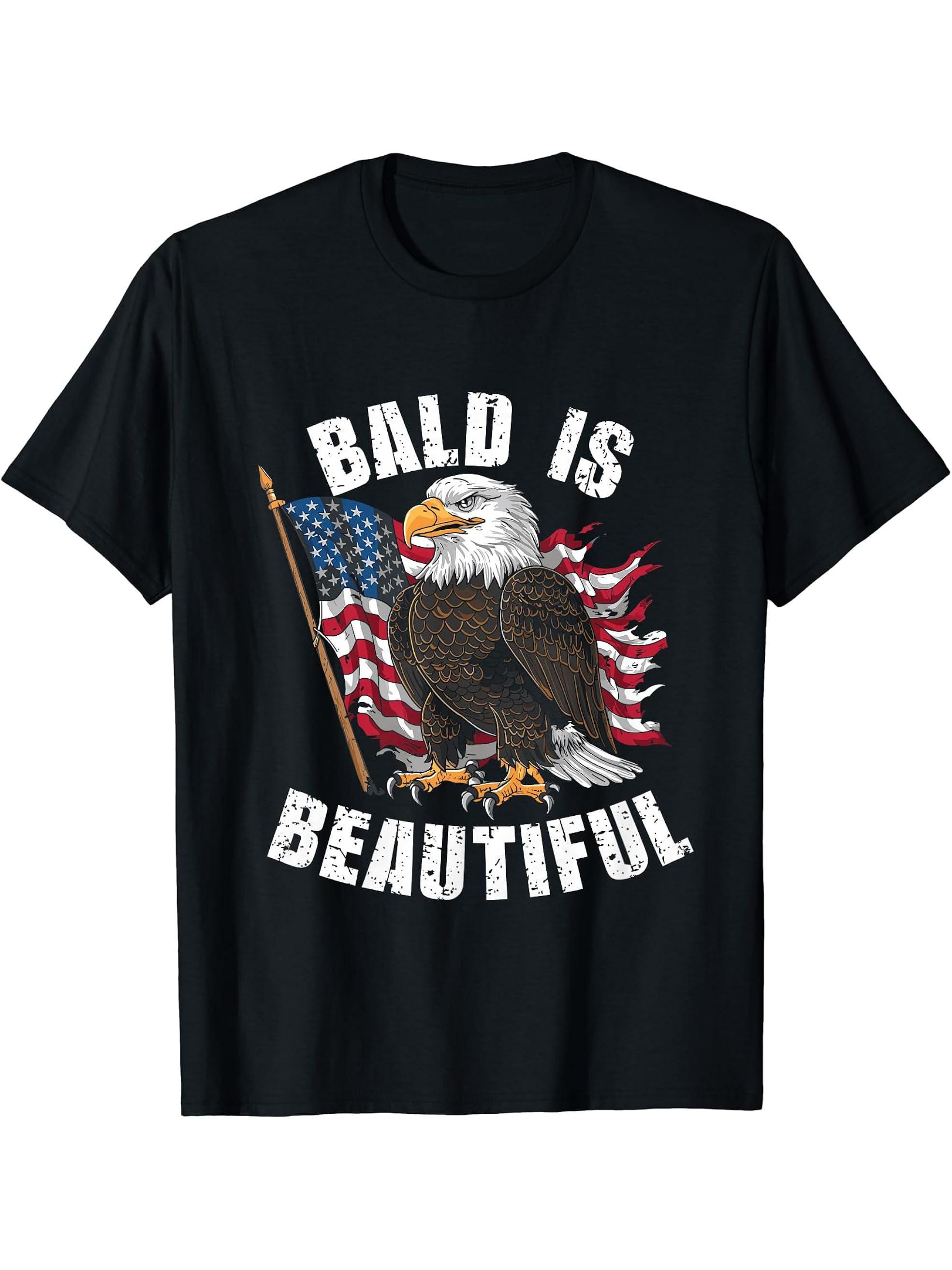 Bald Is Beautiful 4th of July Bald Eagle Independence Day T-Shirt 180G 100% Cotton Printed Round Neck Short-Sleeve T-Shirt, Gifts for Men Dad Husband Grandpa, S-XXXL, Black