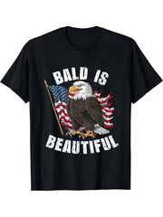 Bald Is Beautiful 4th of July Bald Eagle Independence Day T-Shirt 180G 100% Cotton Printed Round Neck Short-Sleeve T-Shirt, Gifts for Men Dad Husband Grandpa, S-XXXL, Black