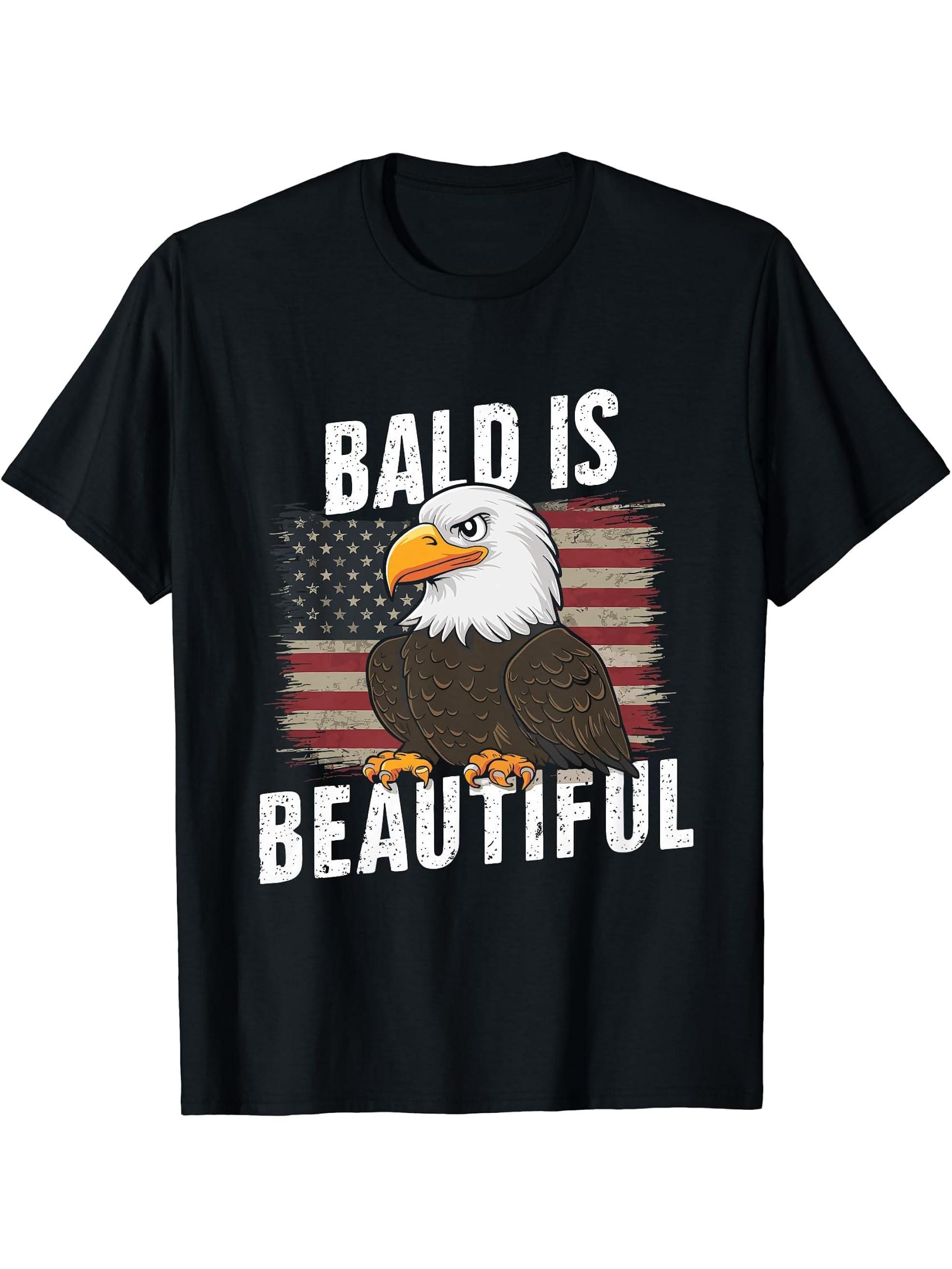 Bald Is Beautiful 4th of July Bald Eagle Independence Day T-Shirt 180G 100% Cotton Printed Round Neck Short-Sleeve T-Shirt, Gifts for Men Dad Husband Grandpa, S-XXXL, Black
