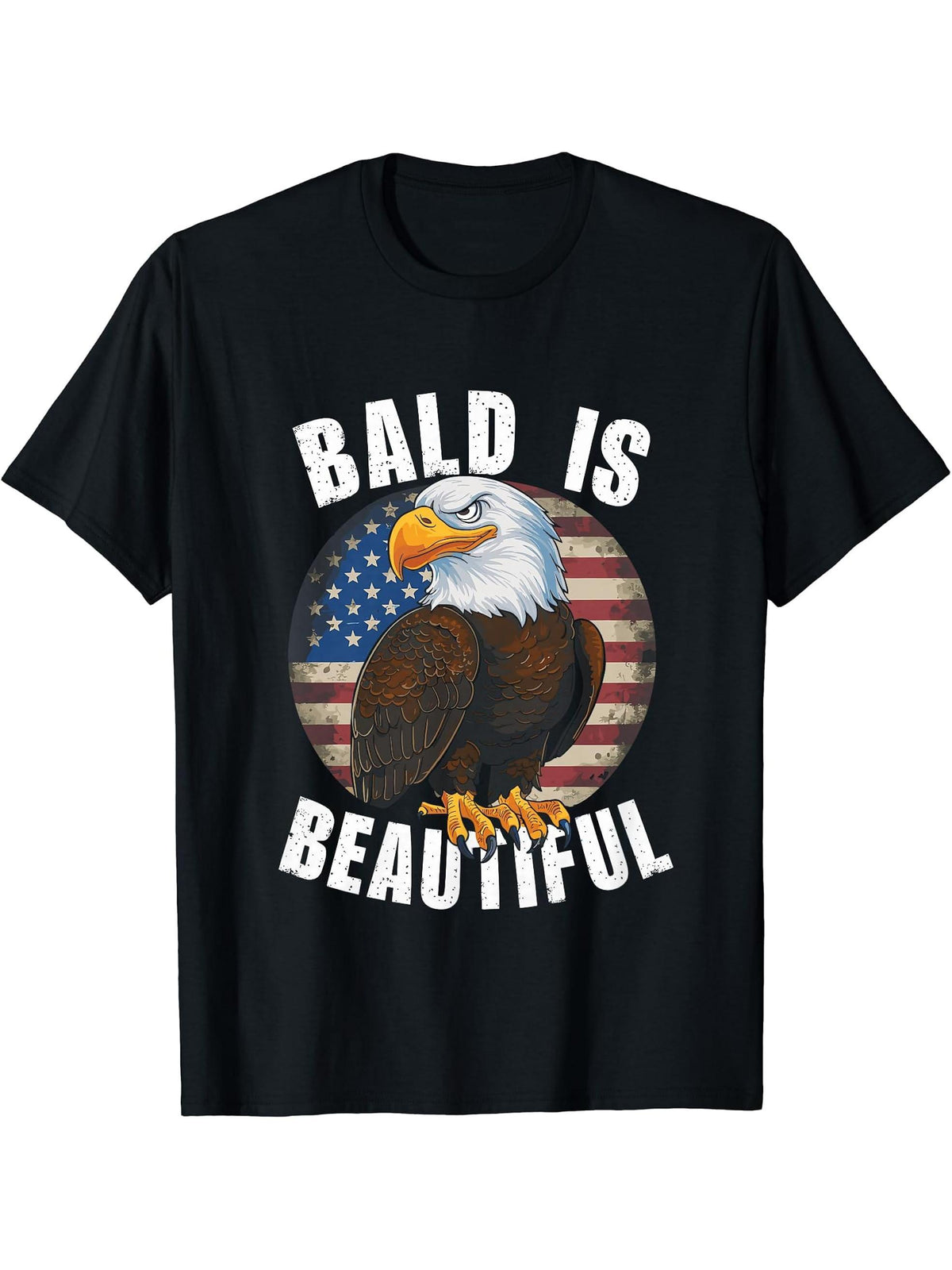 Bald Is Beautiful 4th of July Bald Eagle Independence Day T-Shirt 180G 100% Cotton Printed Round Neck Short-Sleeve T-Shirt, Gifts for Men Dad Husband Grandpa, S-XXXL, Black