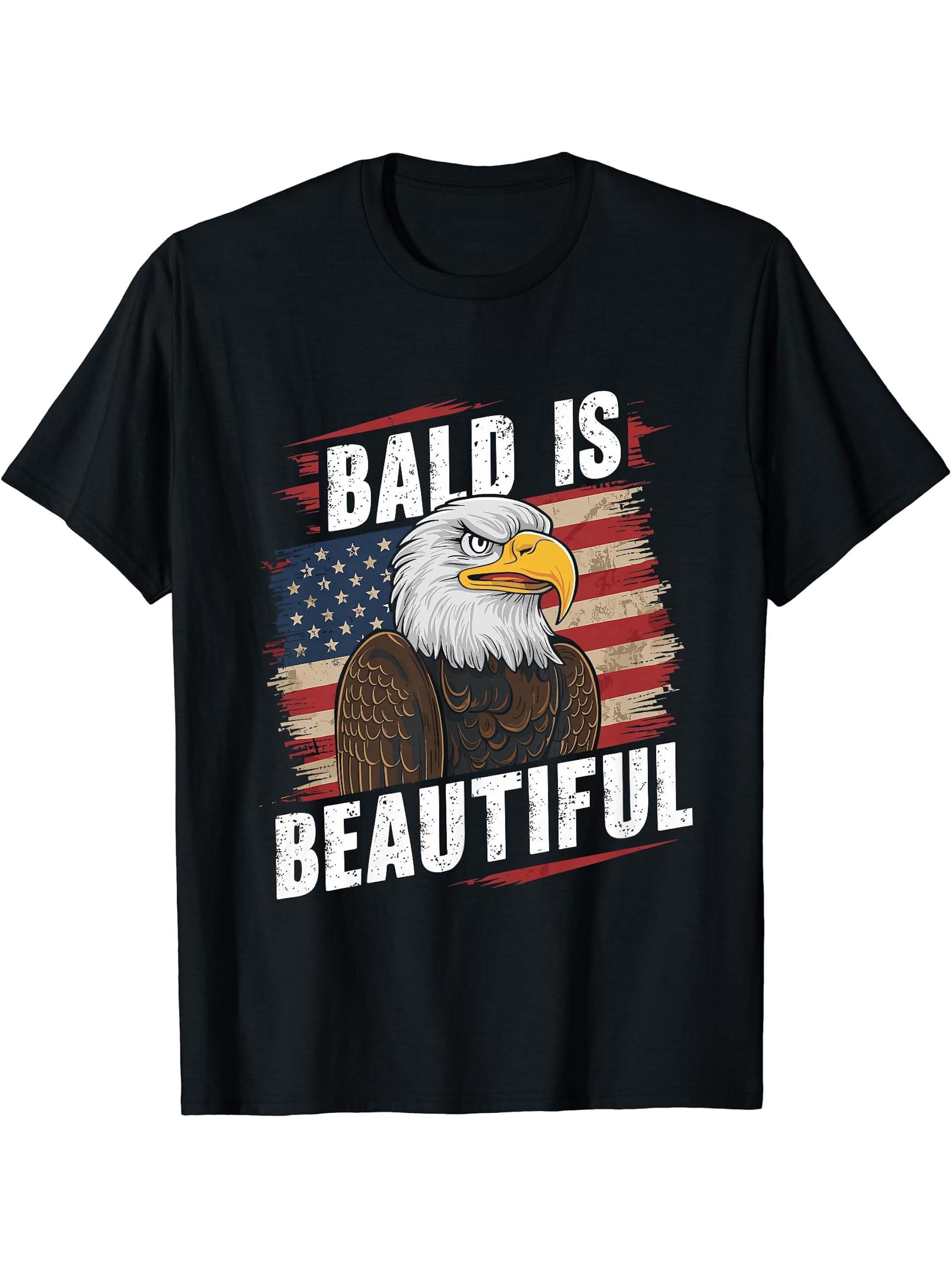 Bald Is Beautiful 4th of July Bald Eagle Independence Day T-Shirt 180G 100% Cotton Printed Round Neck Short-Sleeve T-Shirt, Gifts for Men Dad Husband Grandpa, S-XXXL, Black