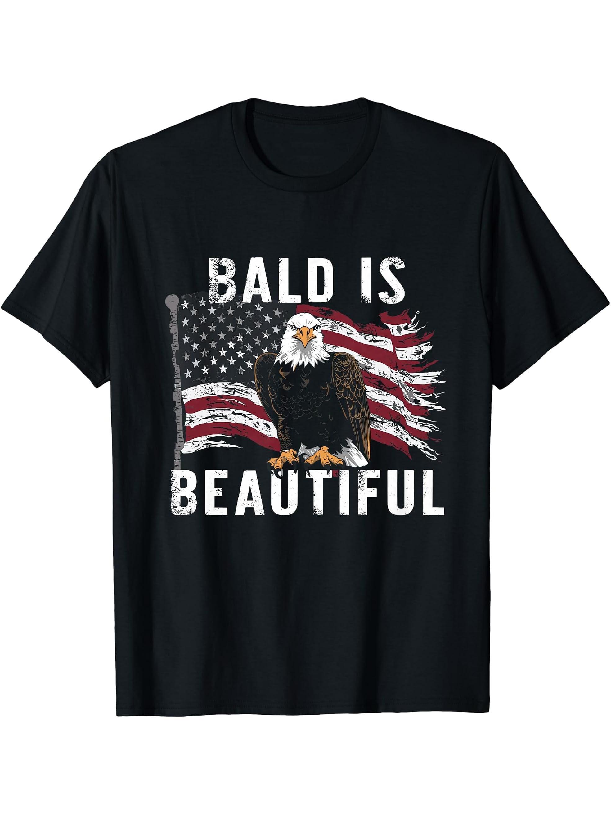 Bald Is Beautiful 4th of July Bald Eagle Independence Day T-Shirt 180G 100% Cotton Printed Round Neck Short-Sleeve T-Shirt, Gifts for Men Dad Husband Grandpa, S-XXXL, Black