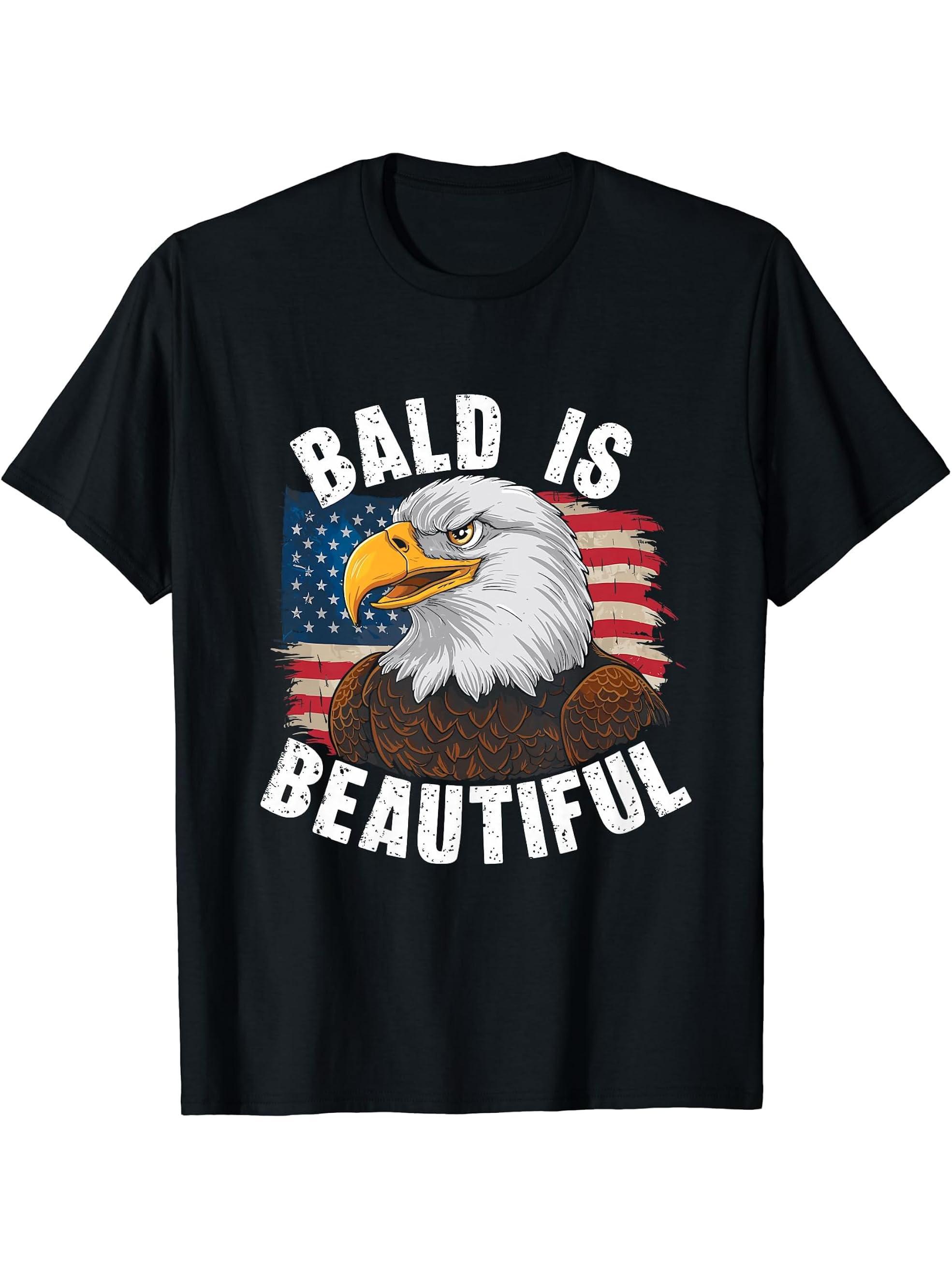 Bald Is Beautiful 4th of July Bald Eagle Independence Day T-Shirt 180G 100% Cotton Printed Round Neck Short-Sleeve T-Shirt, Gifts for Men Dad Husband Grandpa, S-XXXL, Black
