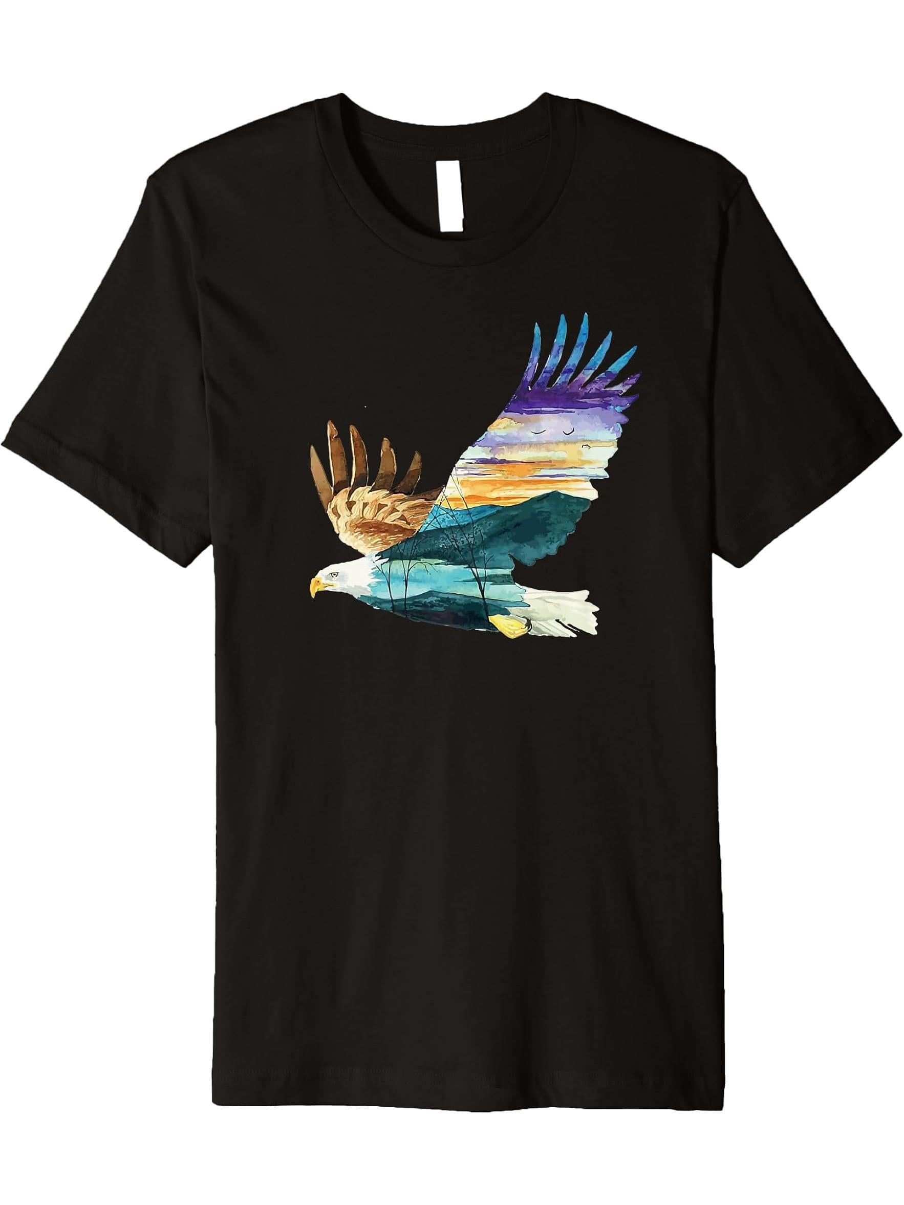 Flying Bald Eagle Bird Watercolor Art Scenic Wildlife Design Premium T-Shirt 180G 100% Cotton Printed Round Neck Short-Sleeve T-Shirt, Gifts for Men Dad Husband Grandpa, S-XXXL, Black