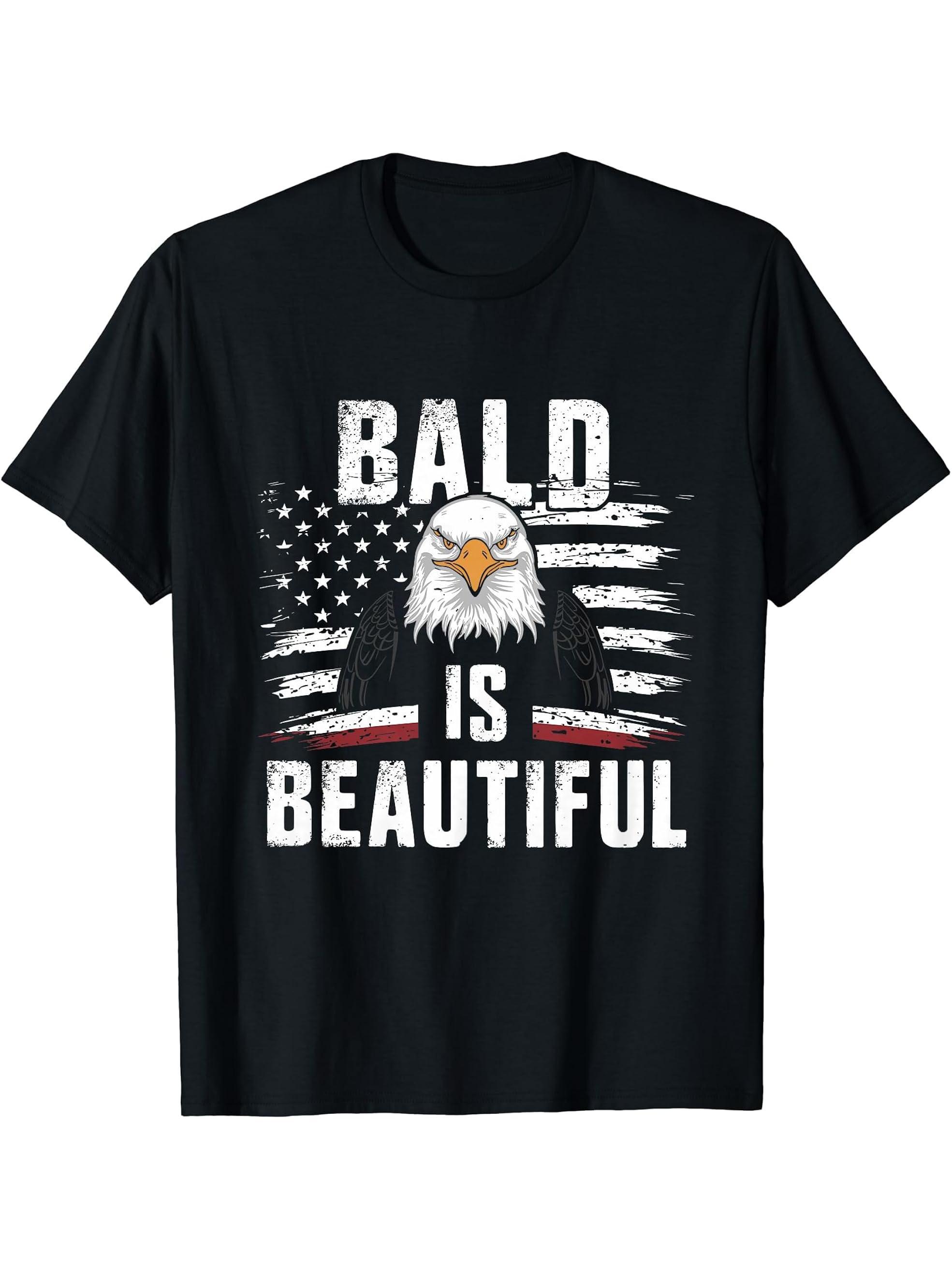 Bald Is Beautiful 4th of July Bald Eagle Independence Day T-Shirt 180G 100% Cotton Printed Round Neck Short-Sleeve T-Shirt, Gifts for Men Dad Husband Grandpa, S-XXXL, Black