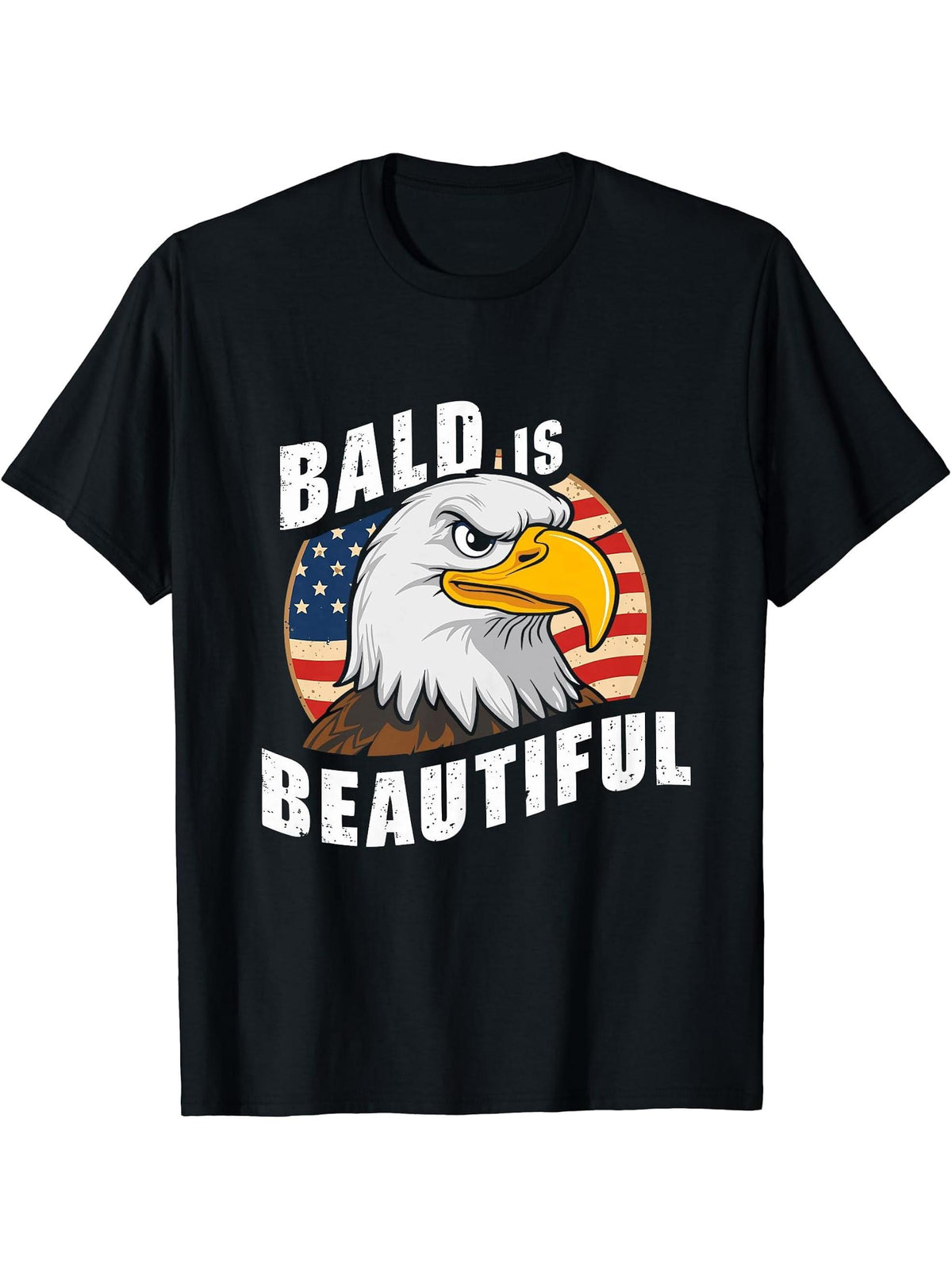 Bald Is Beautiful 4th of July Bald Eagle Independence Day T-Shirt 180G 100% Cotton Printed Round Neck Short-Sleeve T-Shirt, Gifts for Men Dad Husband Grandpa, S-XXXL, Black