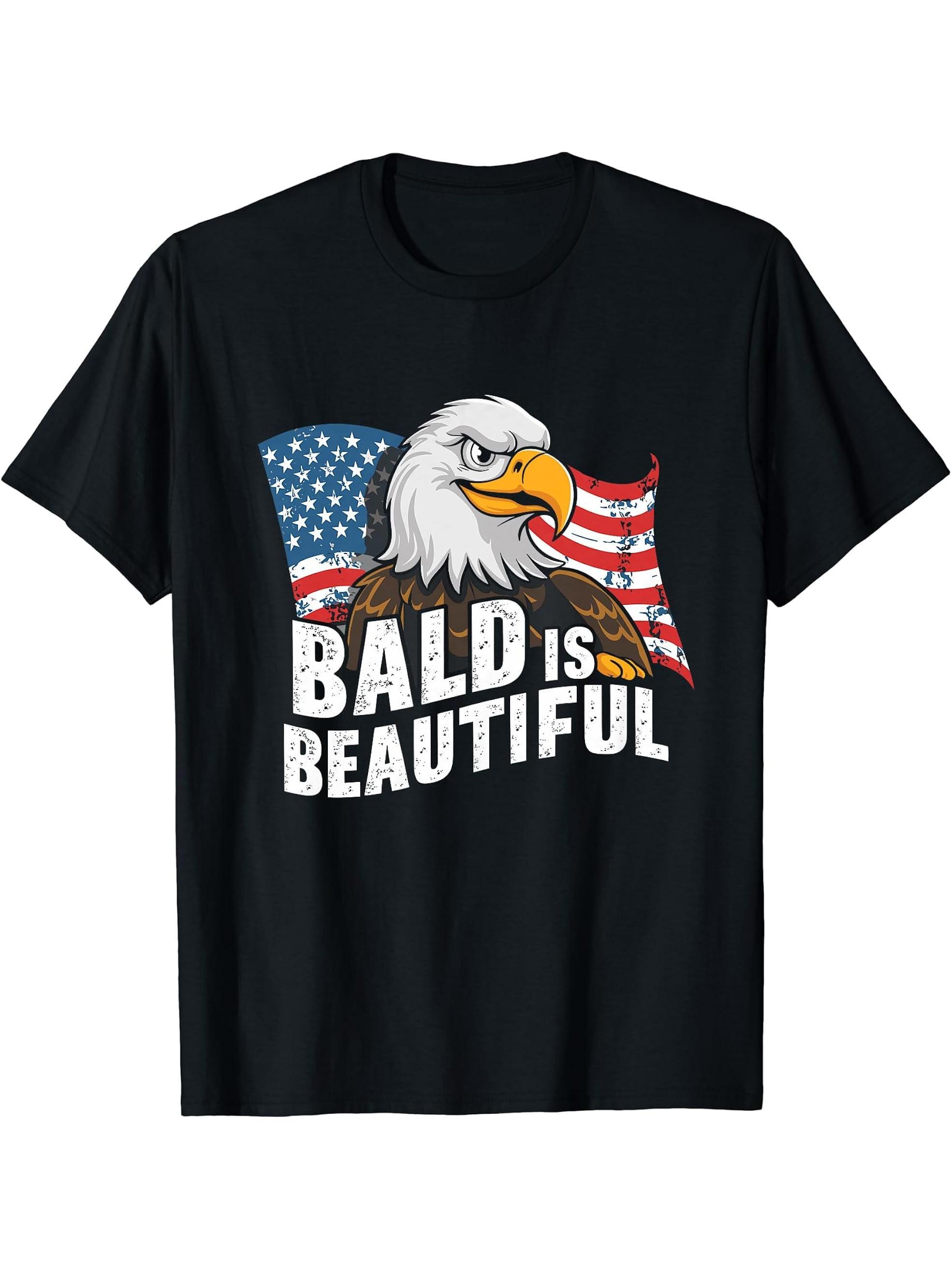 Bald Is Beautiful 4th of July Bald Eagle Independence Day T-Shirt 180G 100% Cotton Printed Round Neck Short-Sleeve T-Shirt, Gifts for Men Dad Husband Grandpa, S-XXXL, Black
