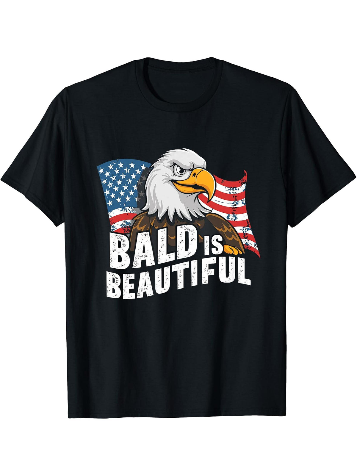 Bald Is Beautiful 4th of July Bald Eagle Independence Day T-Shirt 180G 100% Cotton Printed Round Neck Short-Sleeve T-Shirt, Gifts for Men Dad Husband Grandpa, S-XXXL, Black