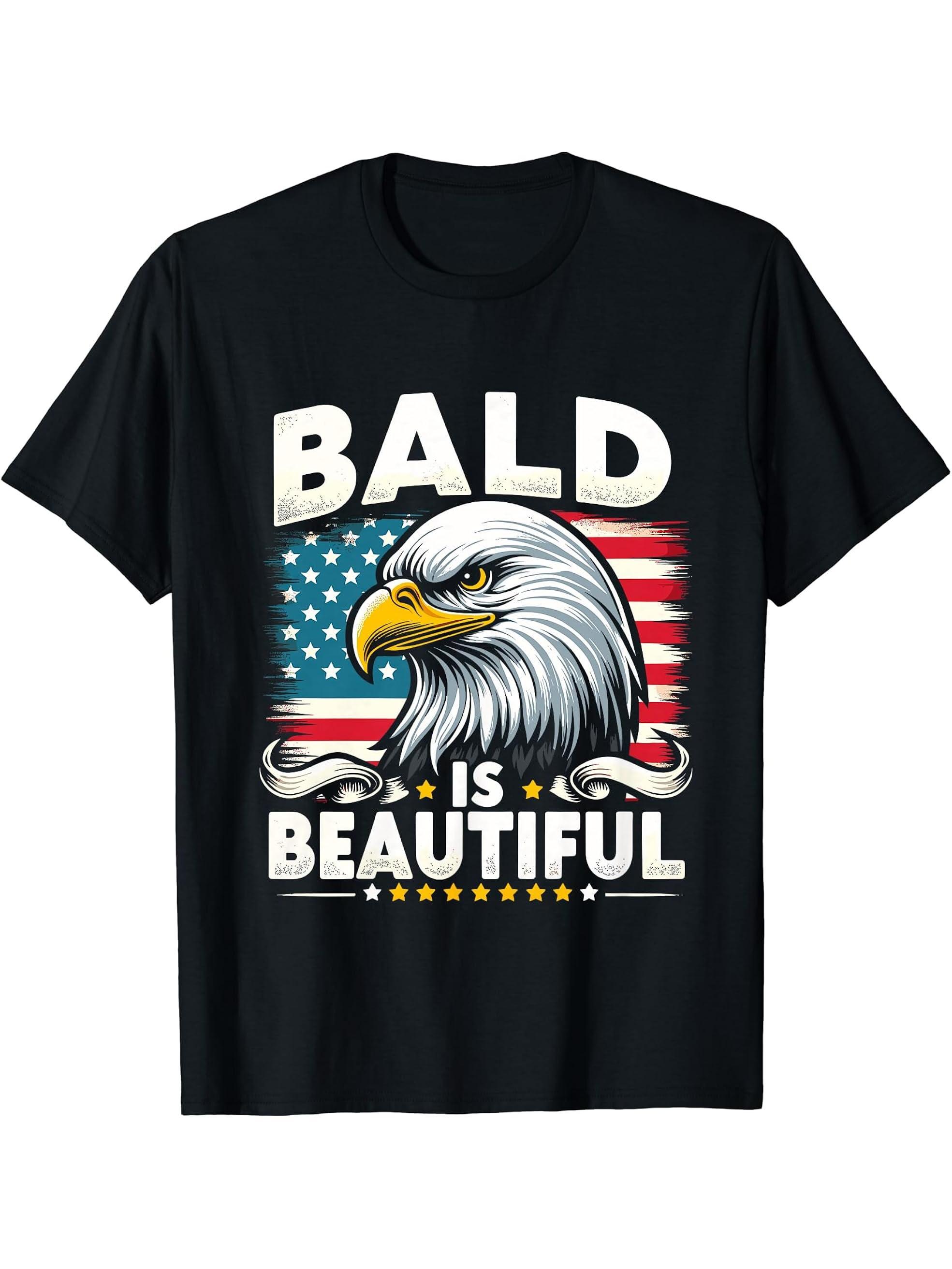 Bald Is Beautiful 4th of July Bald Eagle Independence Day T-Shirt 180G 100% Cotton Printed Round Neck Short-Sleeve T-Shirt, Gifts for Men Dad Husband Grandpa, S-XXXL, Black