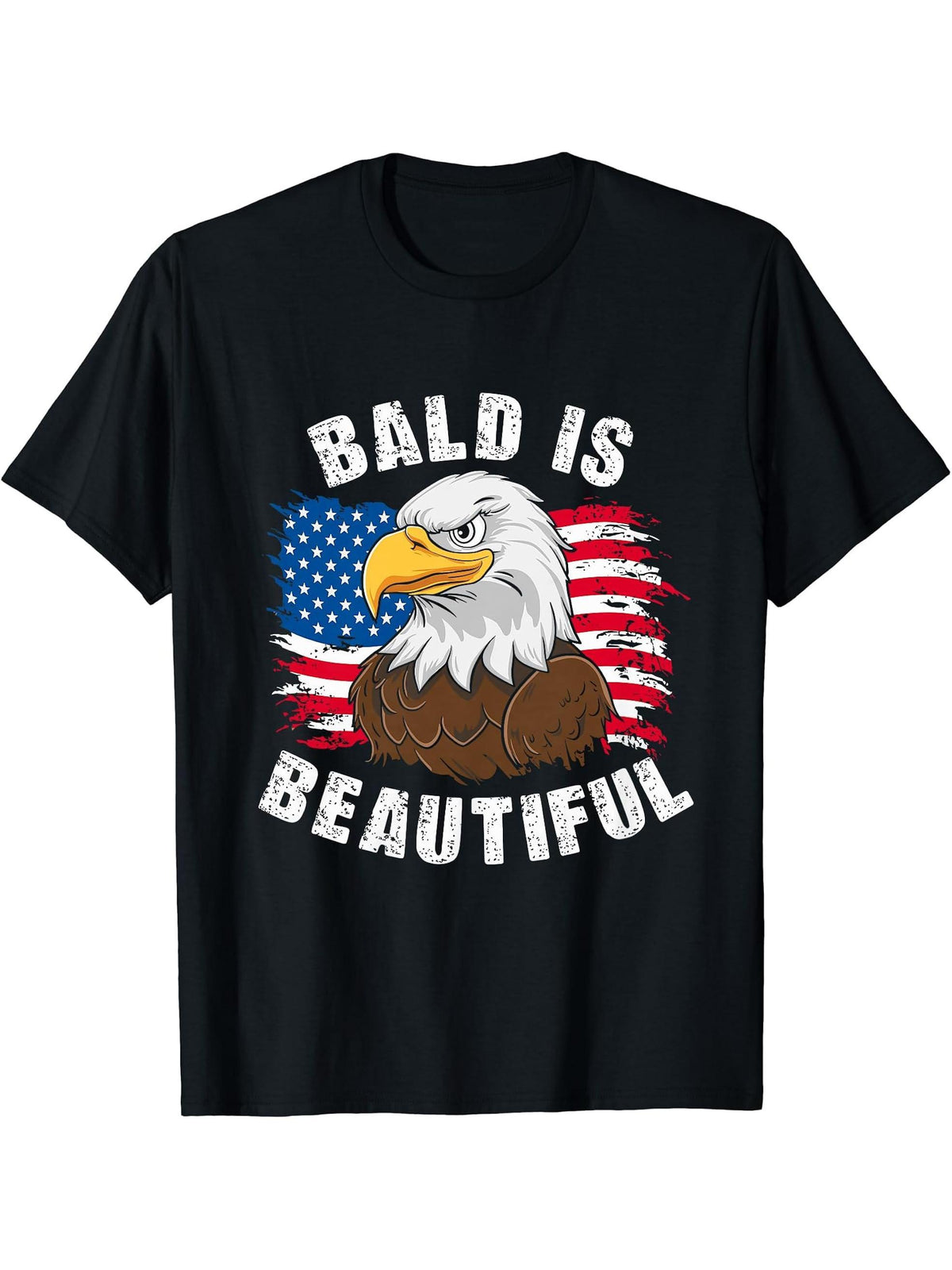 Bald Is Beautiful 4th of July Bald Eagle Independence Day T-Shirt 180G 100% Cotton Printed Round Neck Short-Sleeve T-Shirt, Gifts for Men Dad Husband Grandpa, S-XXXL, Black