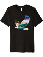 Flying Bald Eagle Bird Watercolor Art Scenic Wildlife Design Premium T-Shirt 180G 100% Cotton Printed Round Neck Short-Sleeve T-Shirt, Gifts for Men Dad Husband Grandpa, S-XXXL, Black