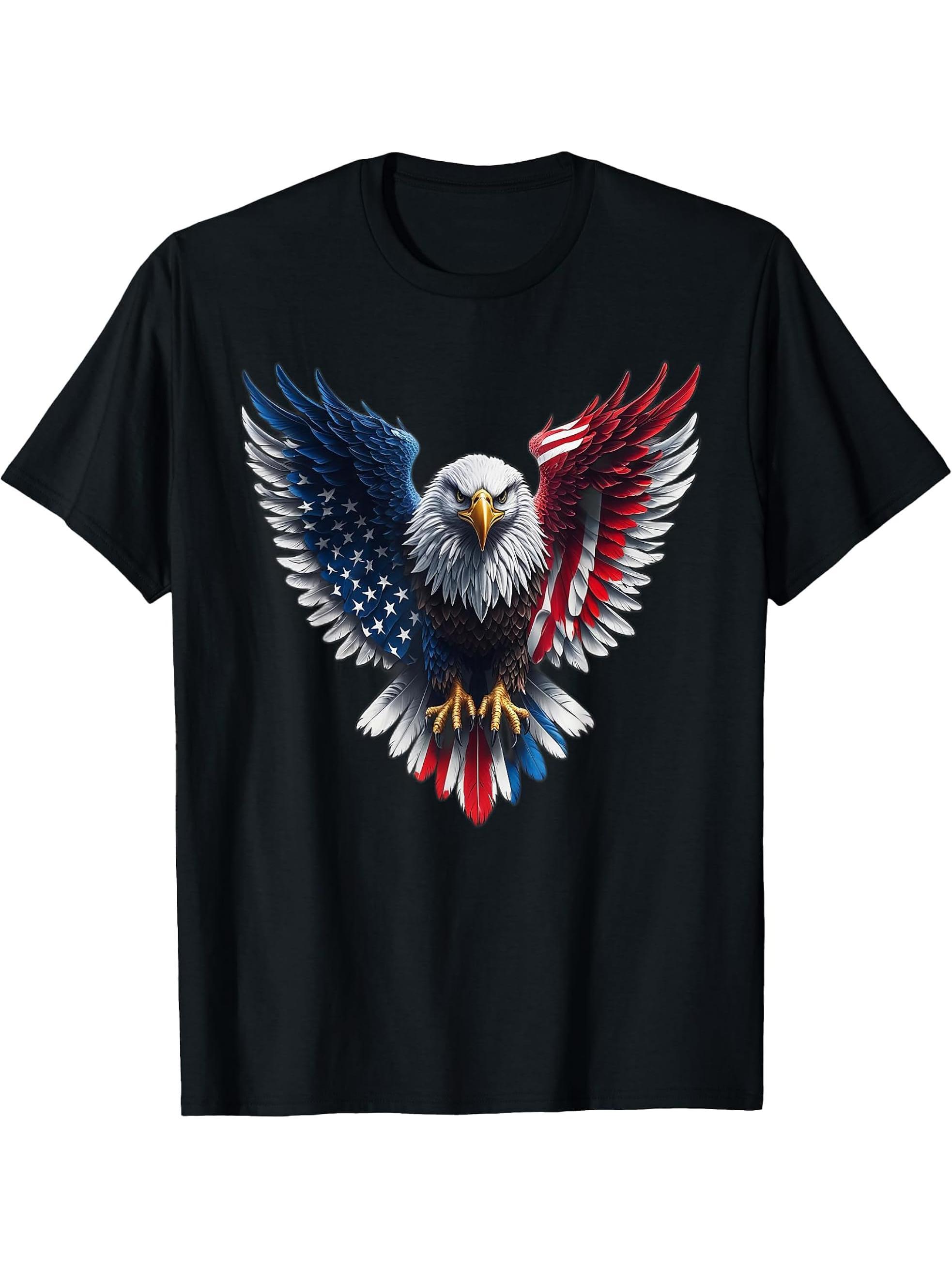 American Flag Bald Flying Eagle T-Shirt 180G 100% Cotton Printed Round Neck Short-Sleeve T-Shirt, Gifts for Men Dad Husband Grandpa, S-XXXL, Black