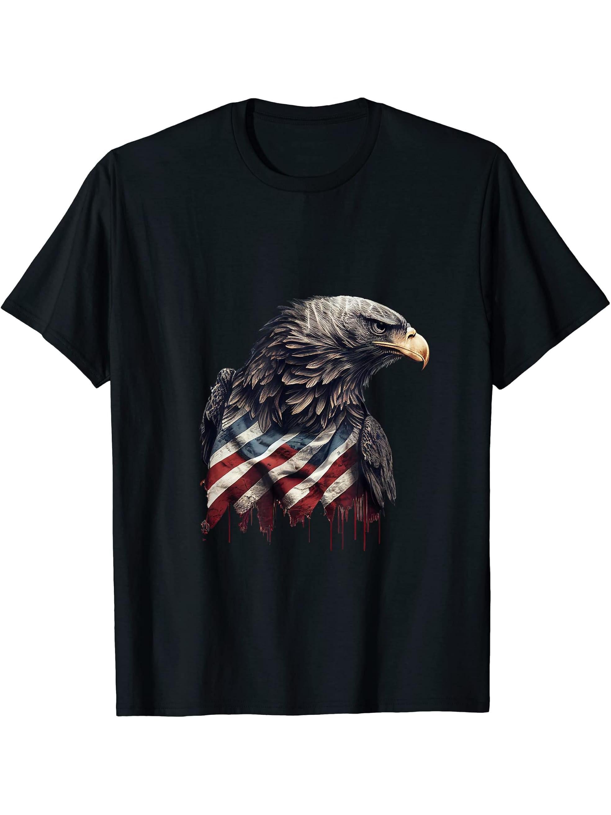 Bald Eagle with USA Flag T-Shirt 180G 100% Cotton Printed Round Neck Short-Sleeve T-Shirt, Gifts for Men Dad Husband Grandpa, S-XXXL, Black
