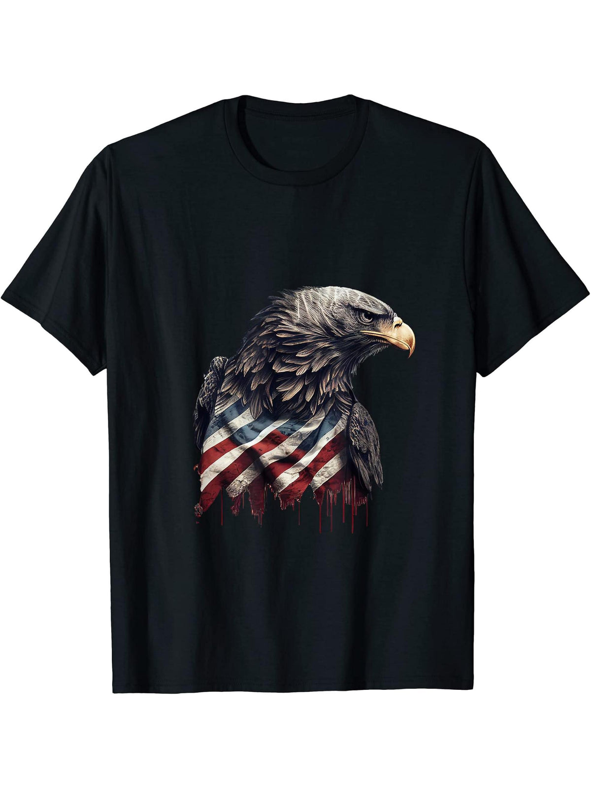 Bald Eagle with USA Flag T-Shirt 180G 100% Cotton Printed Round Neck Short-Sleeve T-Shirt, Gifts for Men Dad Husband Grandpa, S-XXXL, Black