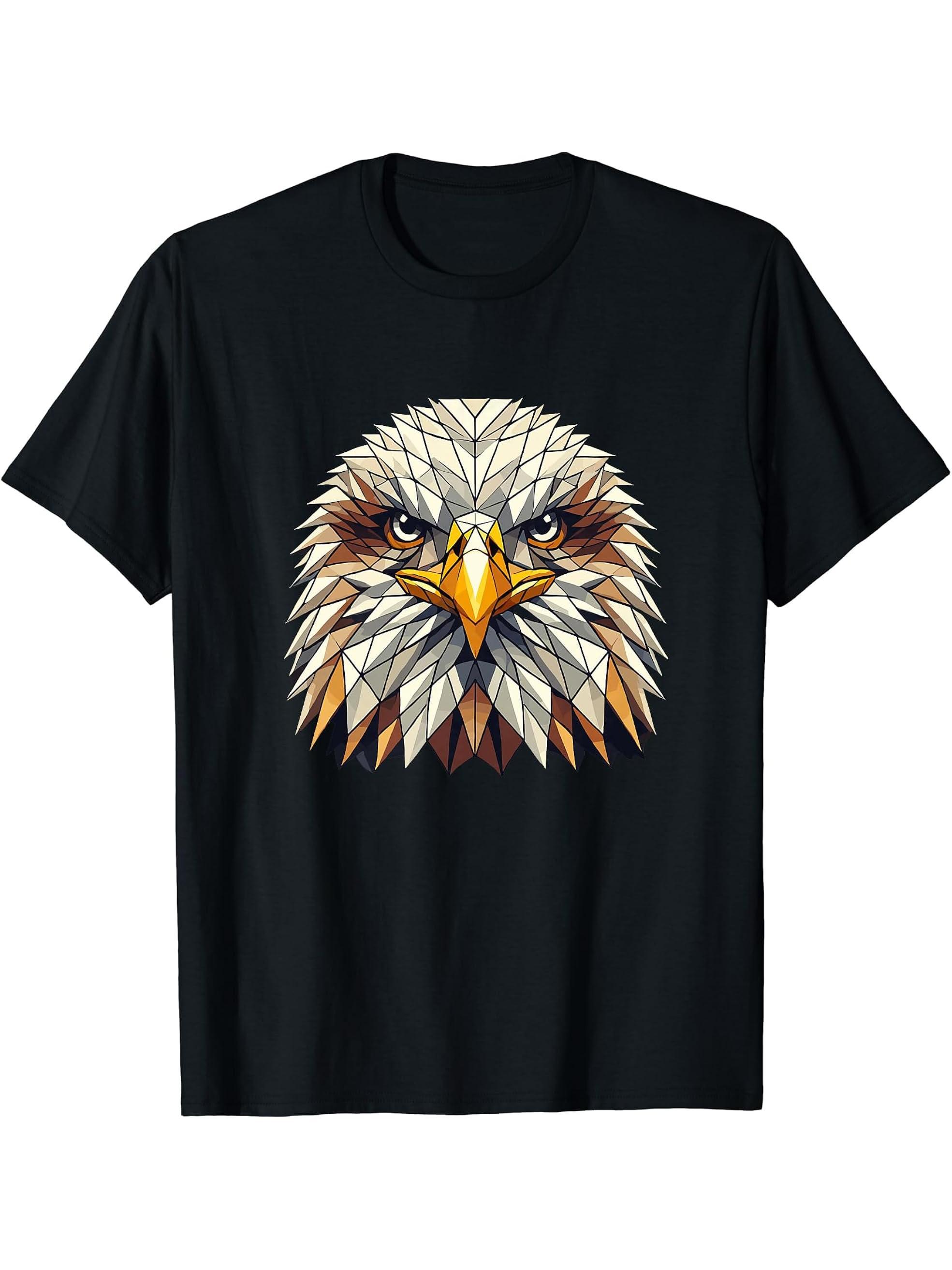 Geometric Art Bald Eagle Bald Eagles T-Shirt 180G 100% Cotton Printed Round Neck Short-Sleeve T-Shirt, Gifts for Men Dad Husband Grandpa, S-XXXL, Black