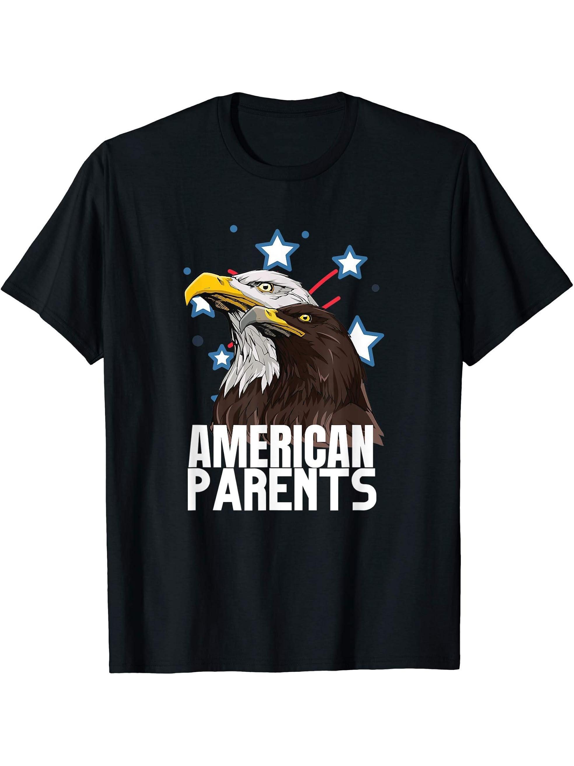American Parents Cool Bald Eagle Couple Matching Mom And Dad T-Shirt 180G 100% Cotton Printed Round Neck Short-Sleeve T-Shirt, Gifts for Men Dad Husband Grandpa, S-XXXL, Black