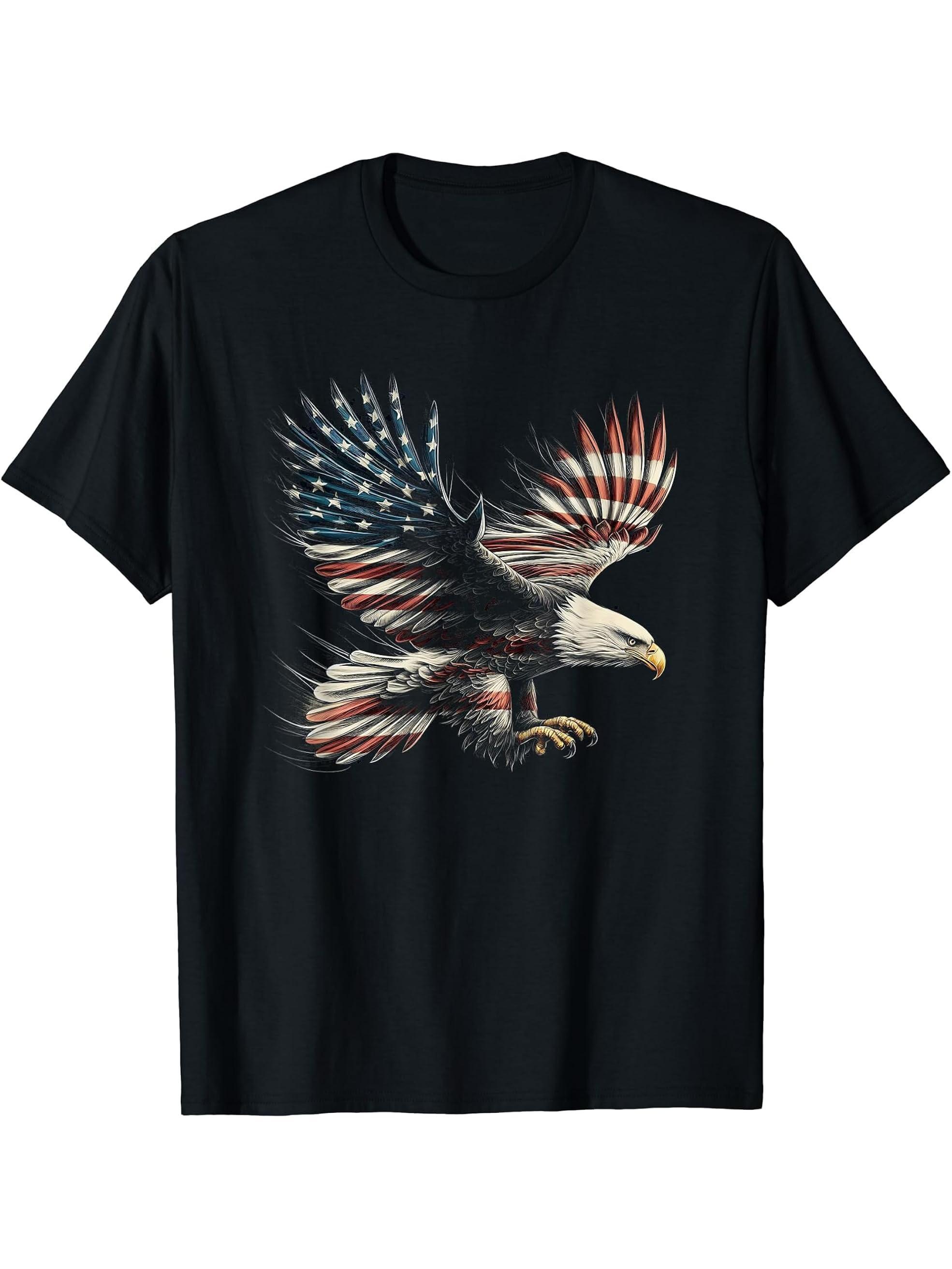 American Flag Bald Eagle USA 4th Of July Artwork Design T-Shirt 180G 100% Cotton Printed Round Neck Short-Sleeve T-Shirt, Gifts for Men Dad Husband Grandpa, S-XXXL, Black