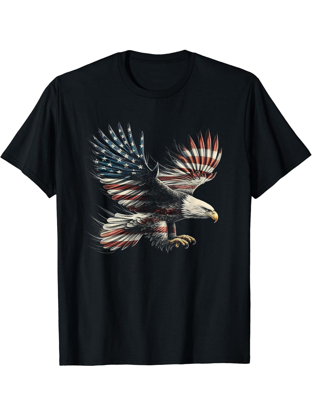 American Flag Bald Eagle USA 4th Of July Artwork Design T-Shirt 180G 100% Cotton Printed Round Neck Short-Sleeve T-Shirt, Gifts for Men Dad Husband Grandpa, S-XXXL, Black