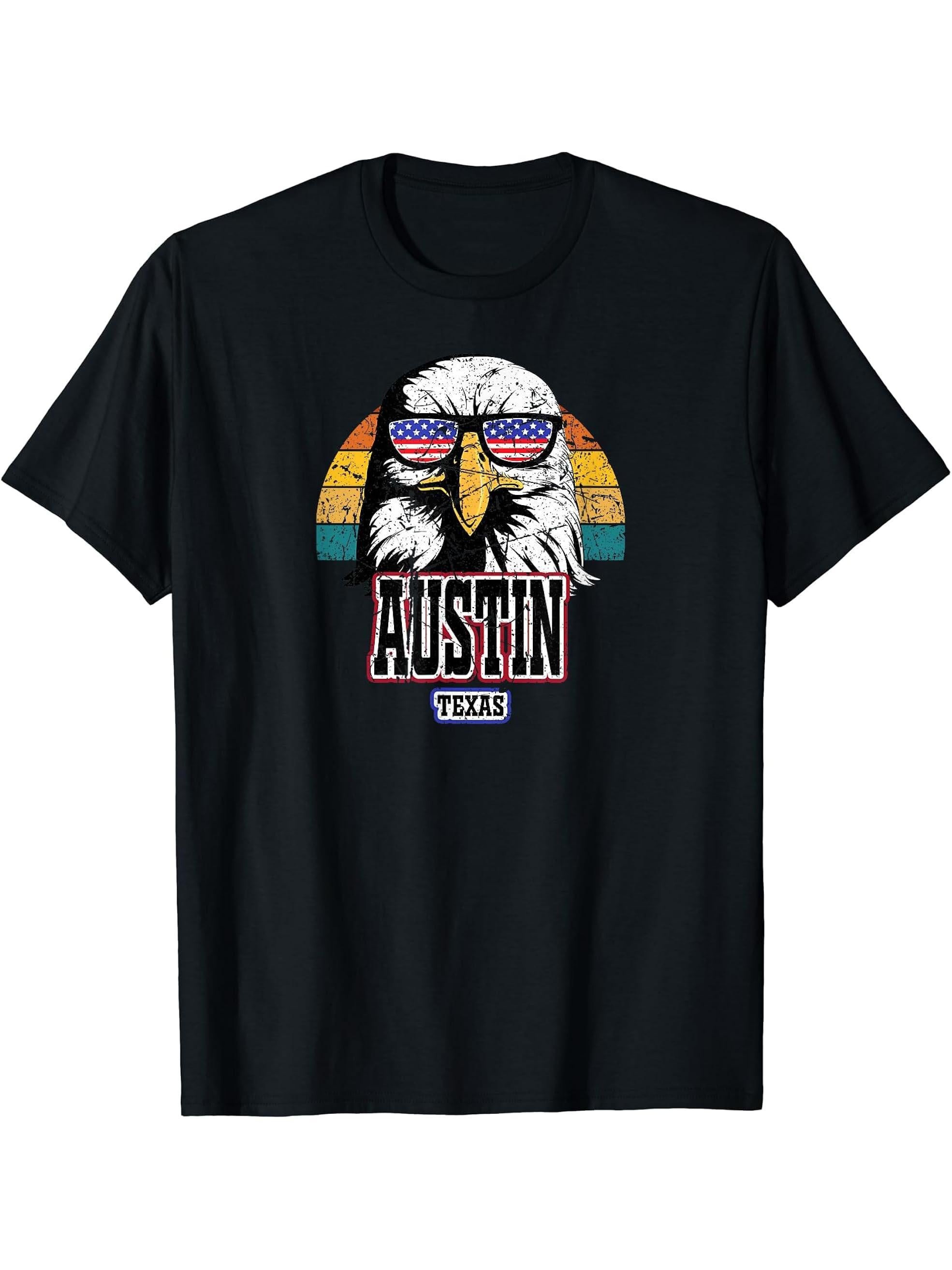 Austin Texas USA America Flag Men Women Grunge Bald Eagle T-Shirt 180G 100% Cotton Printed Round Neck Short-Sleeve T-Shirt, Gifts for Men Dad Husband Grandpa, S-XXXL, Black